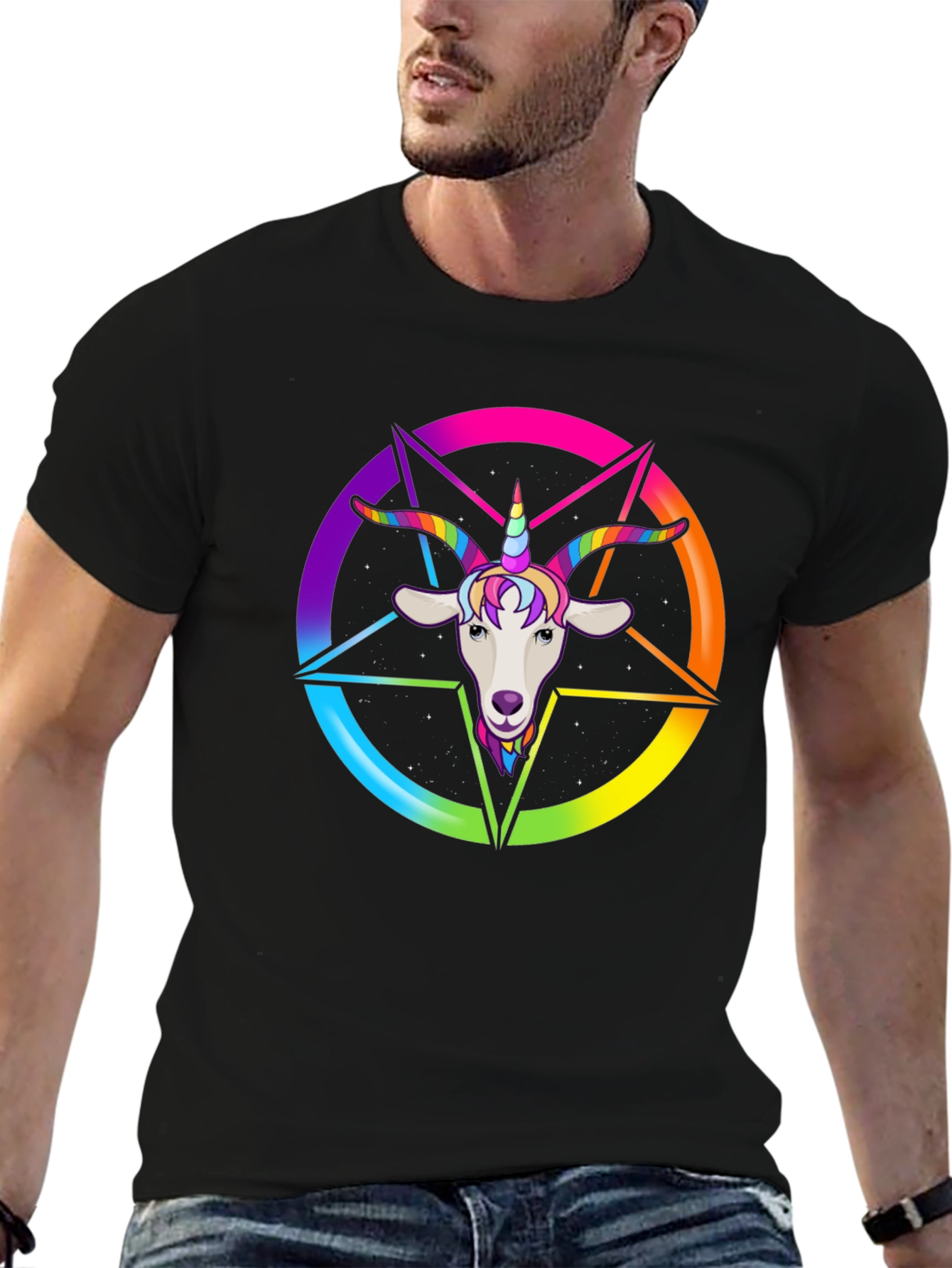 Black Rainbow Goat Unicorn Graphic Tee - Men's Black T-Shirt view 6