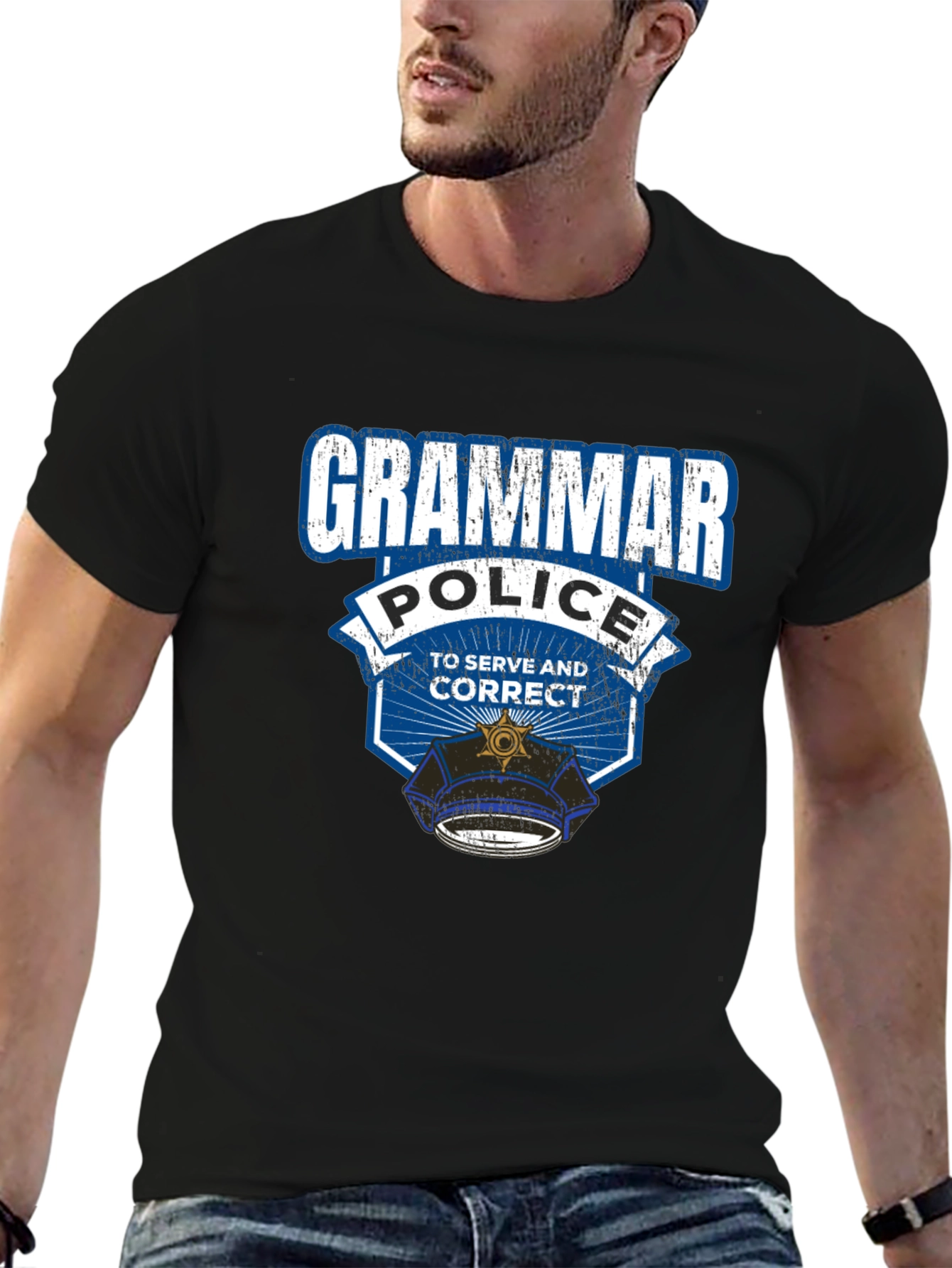 Black Grammar Police T-Shirt: To Serve and Correct view 6