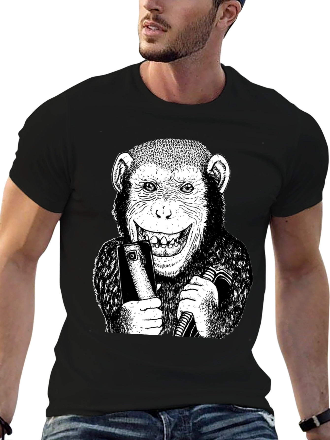 Black Monkey Selfie Graphic Tee - Black Cotton Blend T-Shirt view 6
