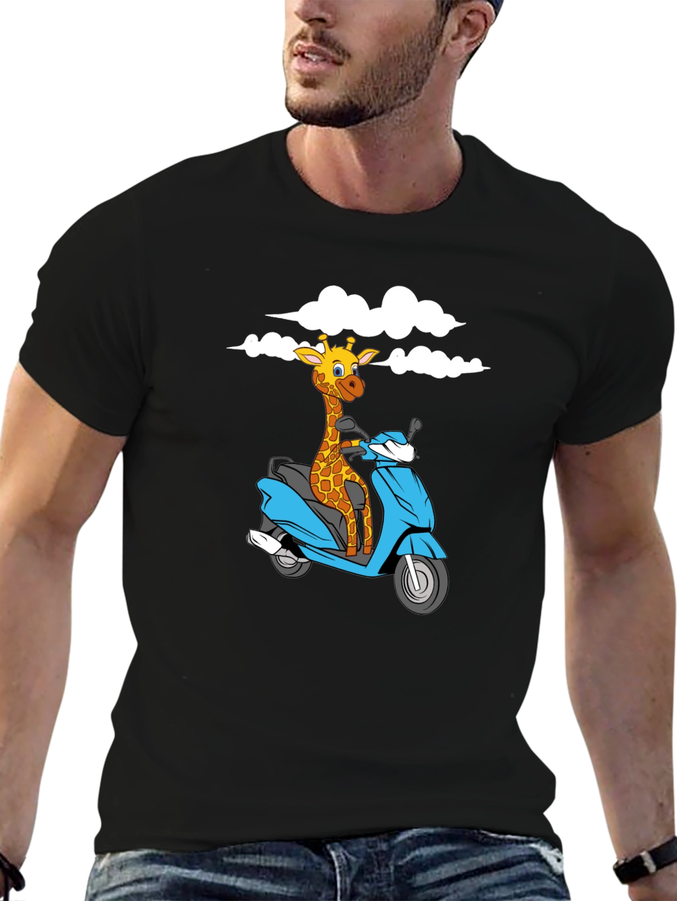 Black Giraffe on Scooter Graphic T-Shirt - Black view 6