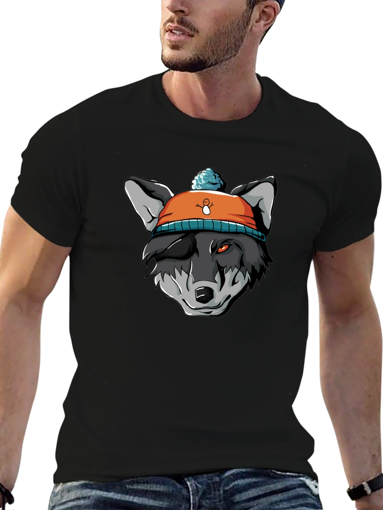 Black Wolf in Beanie Black T-Shirt - Unique Graphic Tee view 6