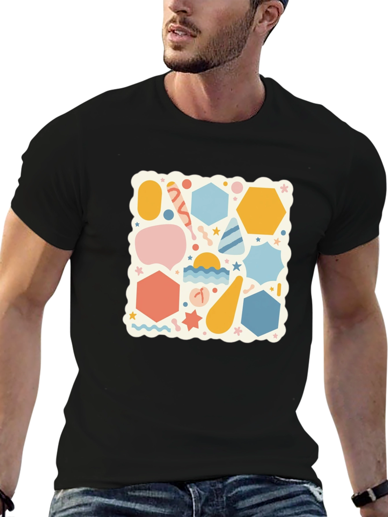 Black Funky Geometric Pattern Black T-Shirt view 6