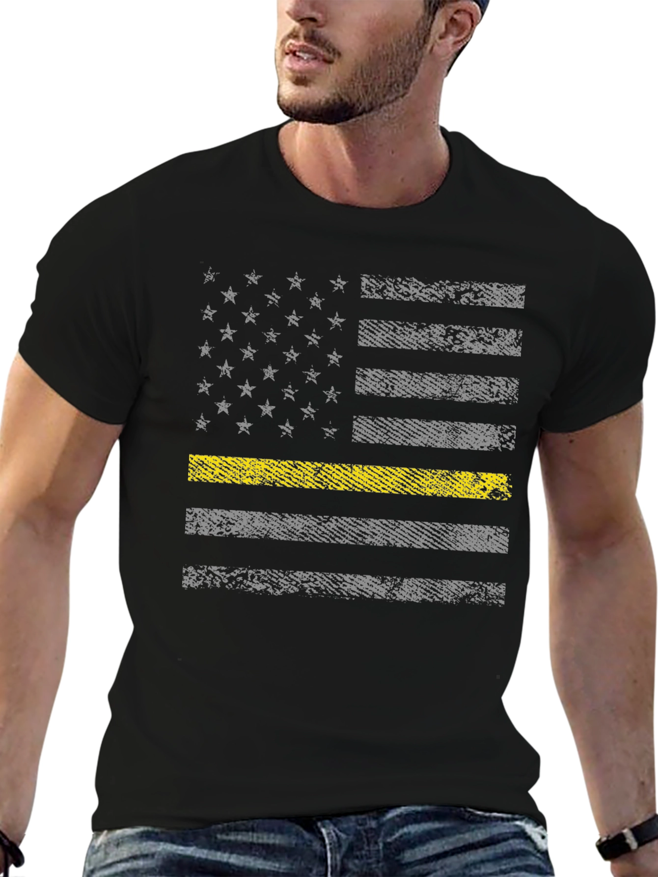 Black Thin Yellow Line Flag T-Shirt view 6
