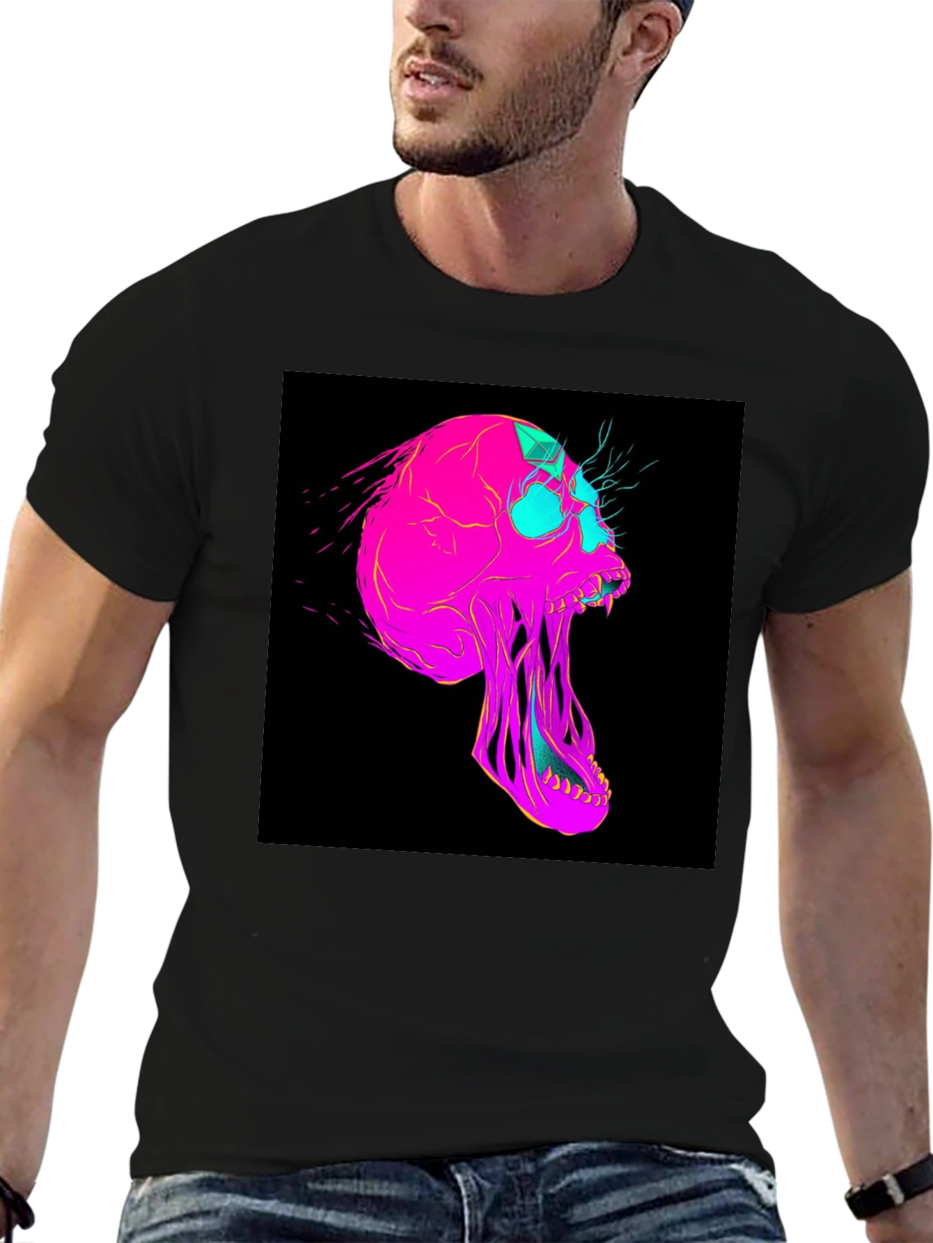 Black Vaporwave Skull Graphic Tee - Black Cotton T-Shirt view 6