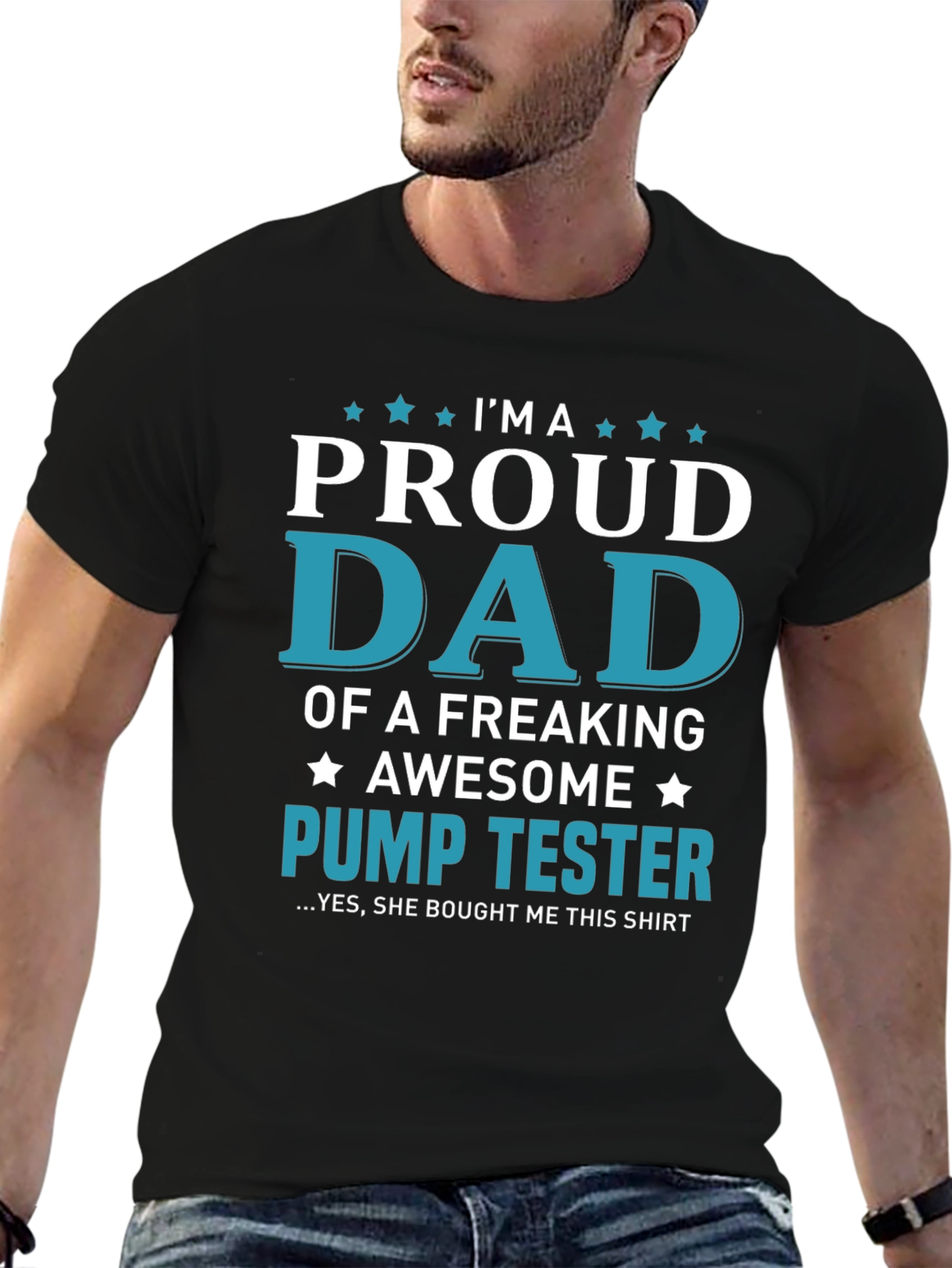 Black Proud Dad of a Pump Tester Graphic T-Shirt view 6