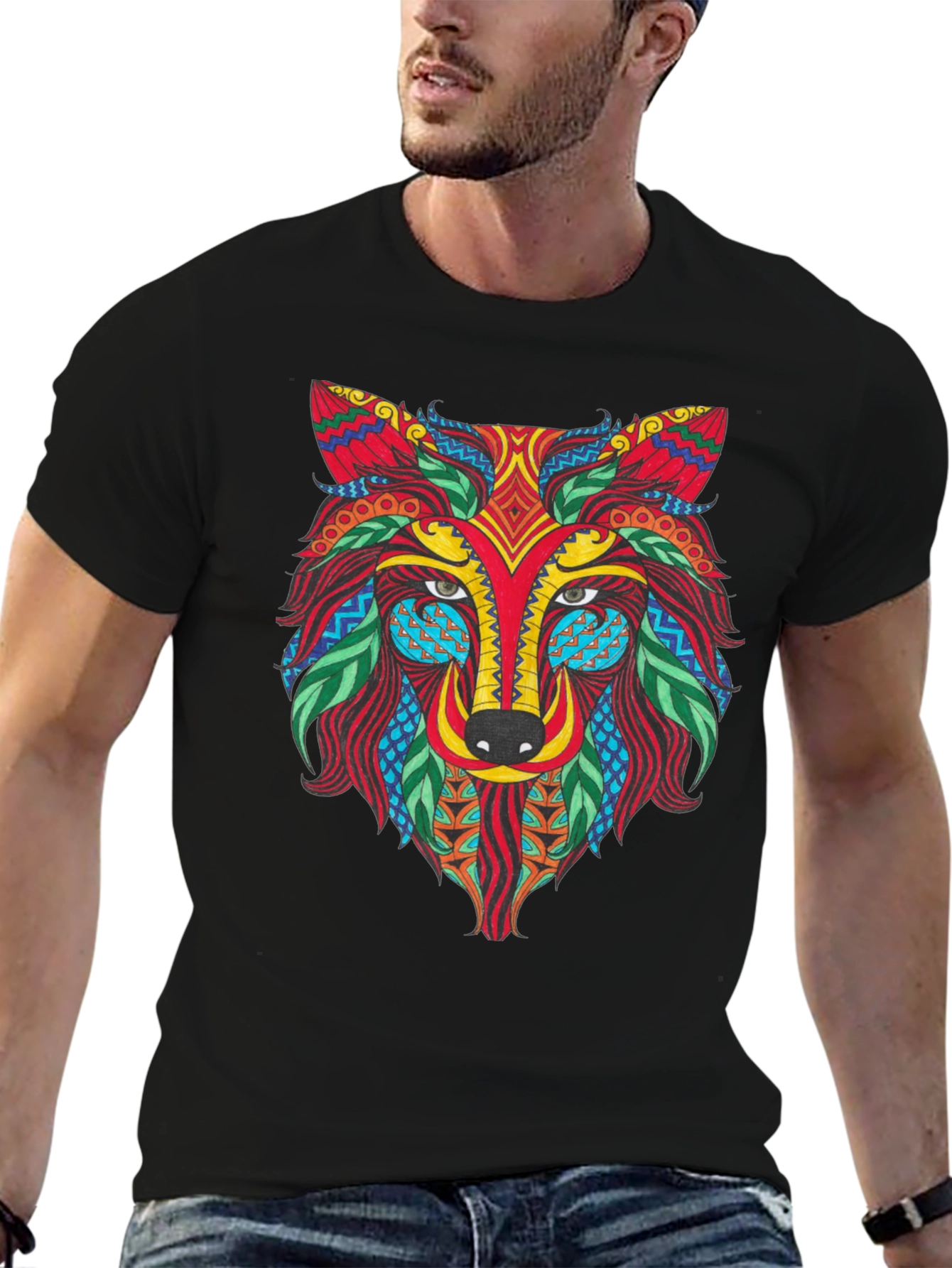 Black Wolf Graphic Print Tee - Men's Short Sleeve Black T-Shirt view 6