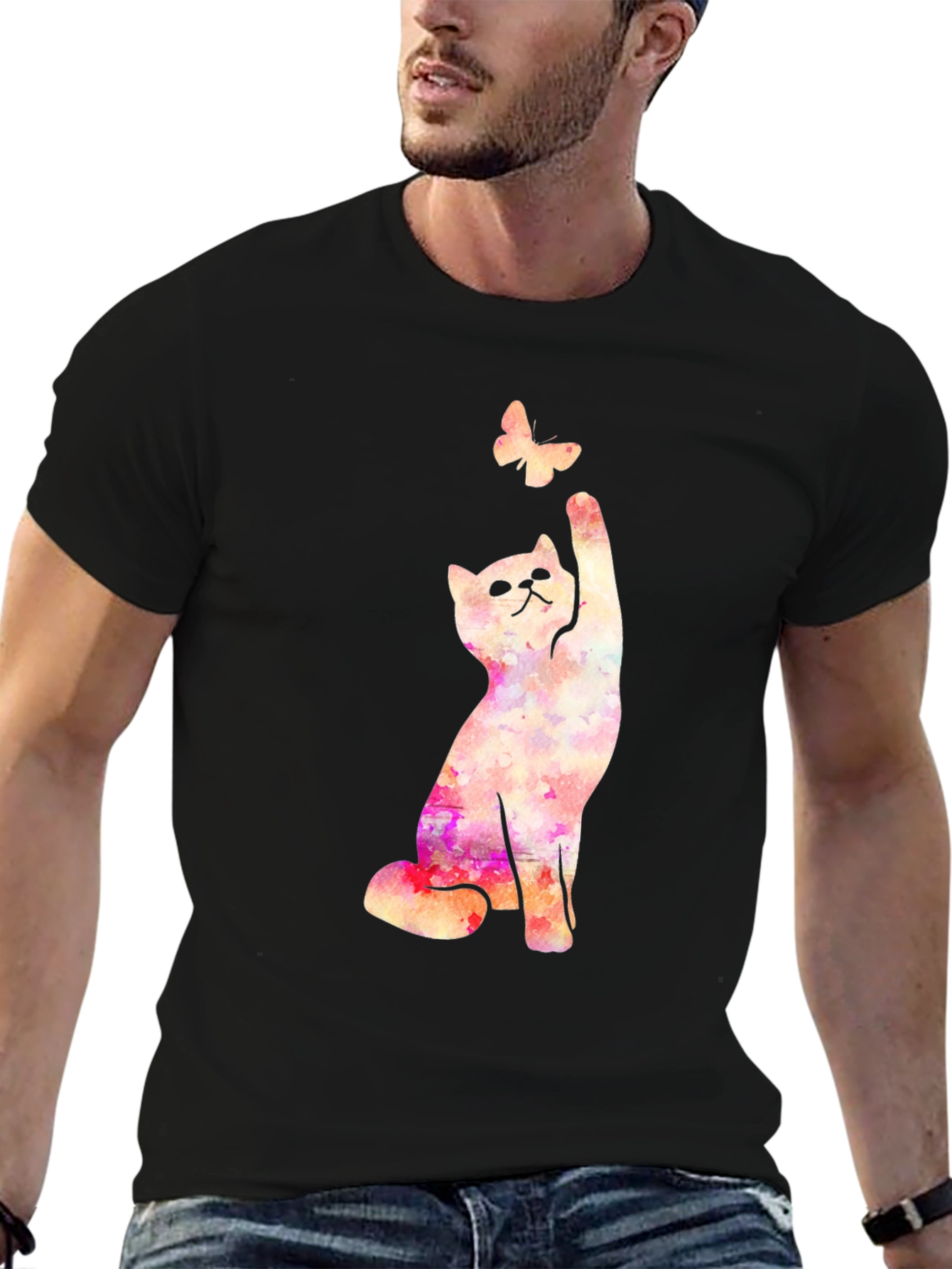 Black Cat Reaching for Butterfly Graphic Black T-Shirt view 6