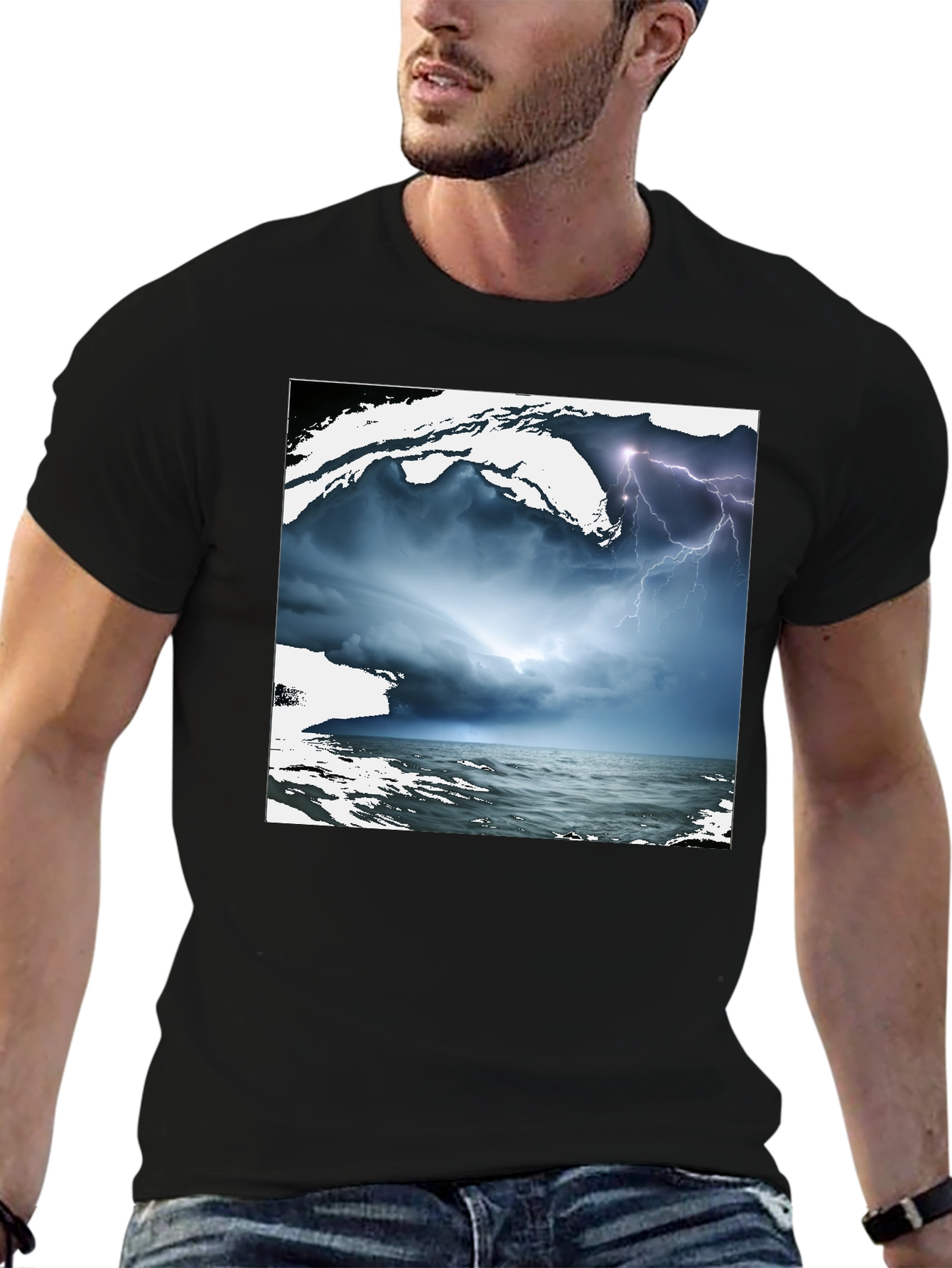 Black Stormy Sea Graphic Tee - Black Cotton T-Shirt view 6