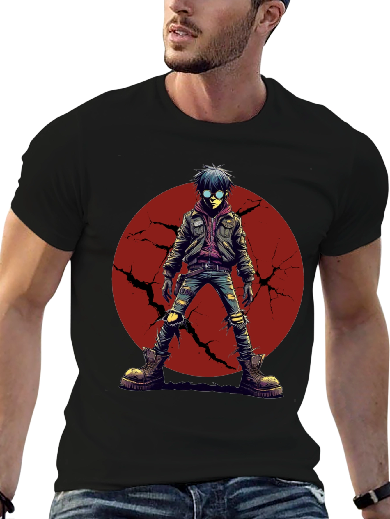 Black Graphic Tee: Anime Punk Character on Black Shirt view 6