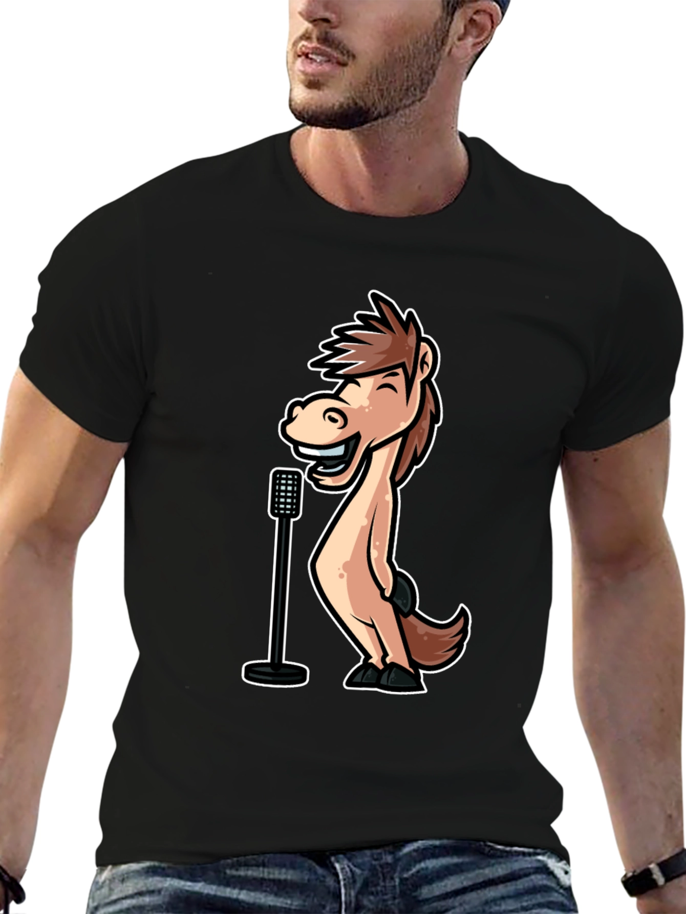 Black Funny Horse Singer Graphic Tee - Black Cotton T-Shirt view 6