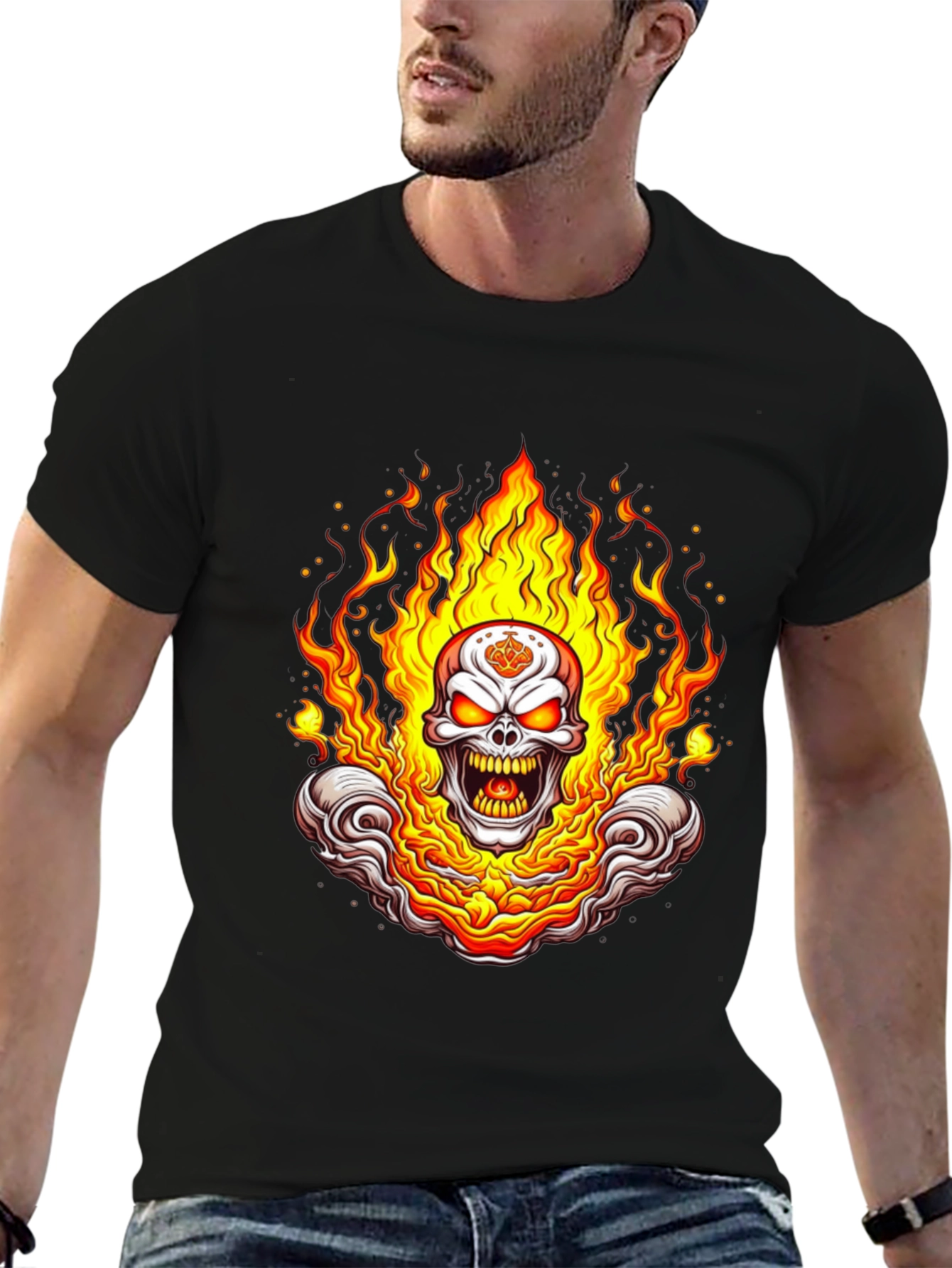 Black Flaming Skull Graphic Tee - Bold Black Cotton Shirt view 6