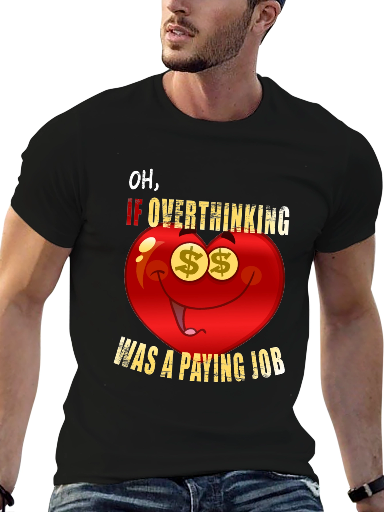 Black Overthinking Paying Job Funny Graphic Tee view 6
