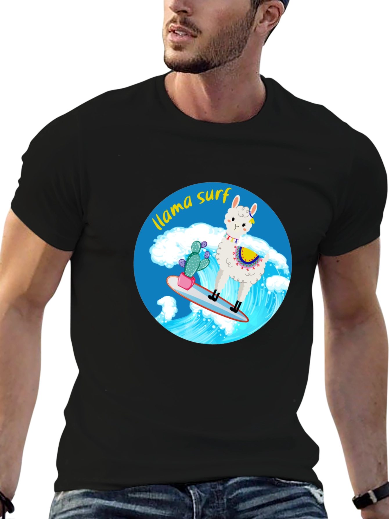 Black Llama Surf Graphic Tee - Black Cotton T-Shirt view 6