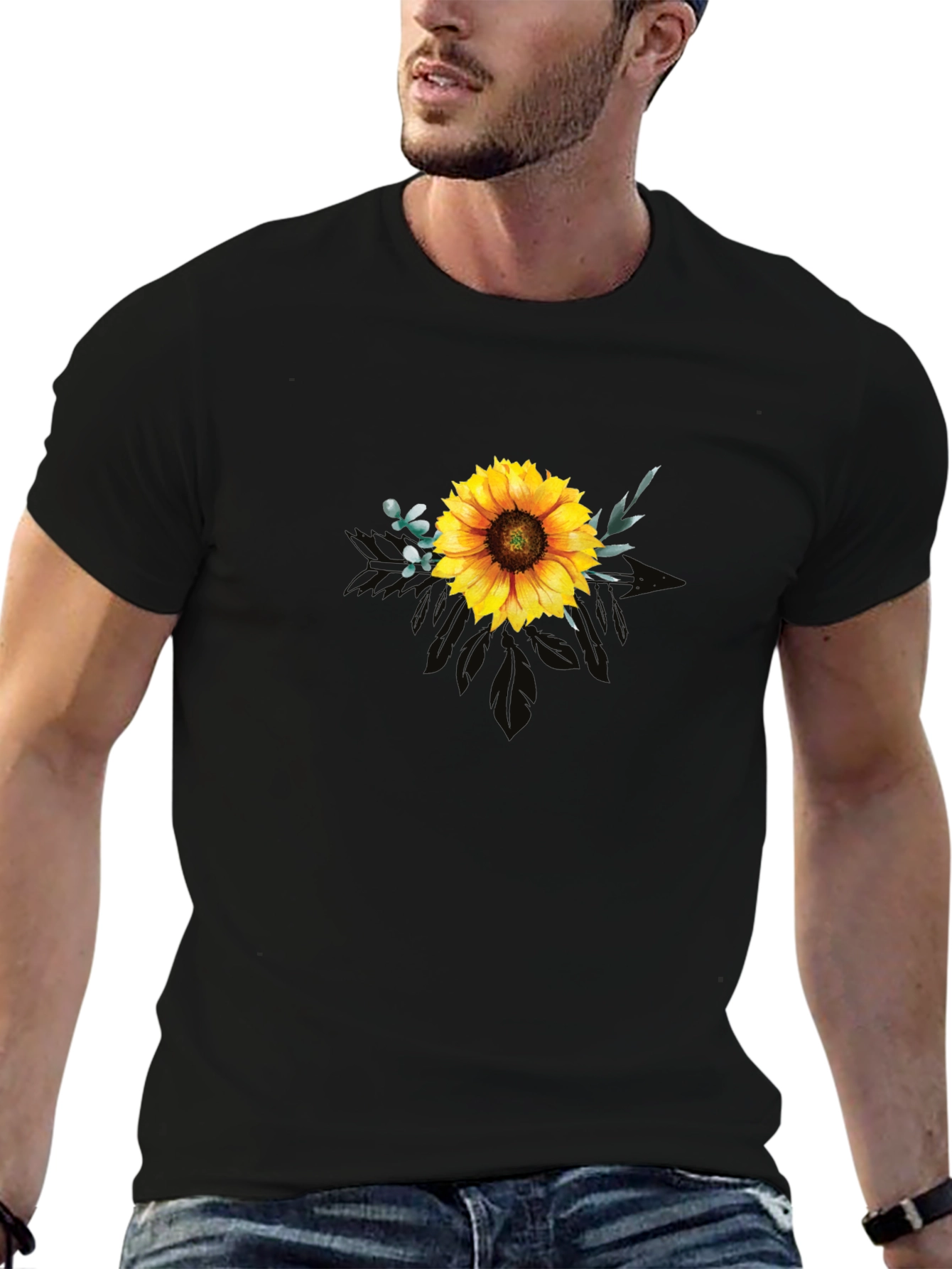 Black Sunflower Graphic Tee - Black Cotton Blend Shirt view 6