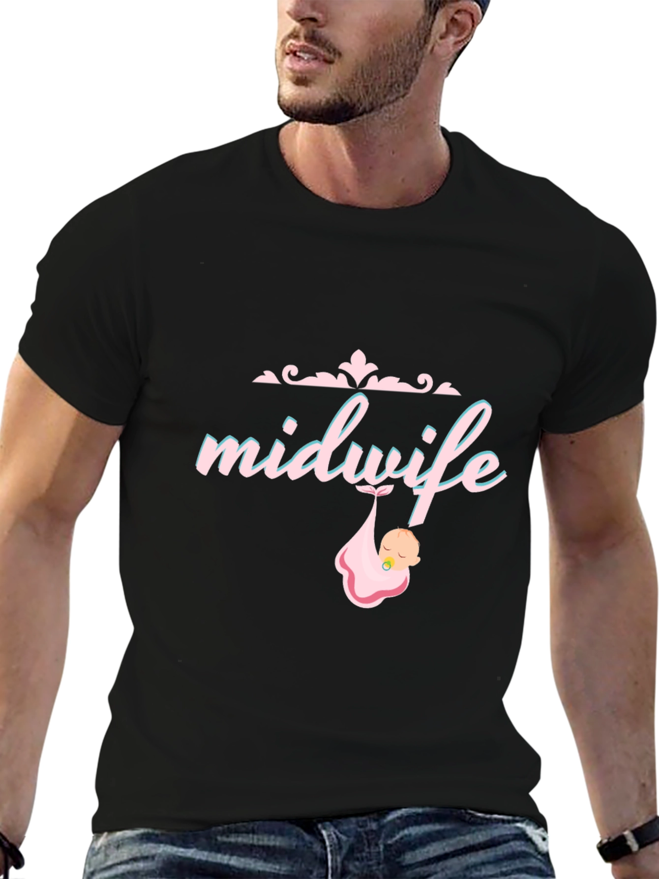 Black Midwife T-Shirt - Cute Baby Graphic Tee view 6