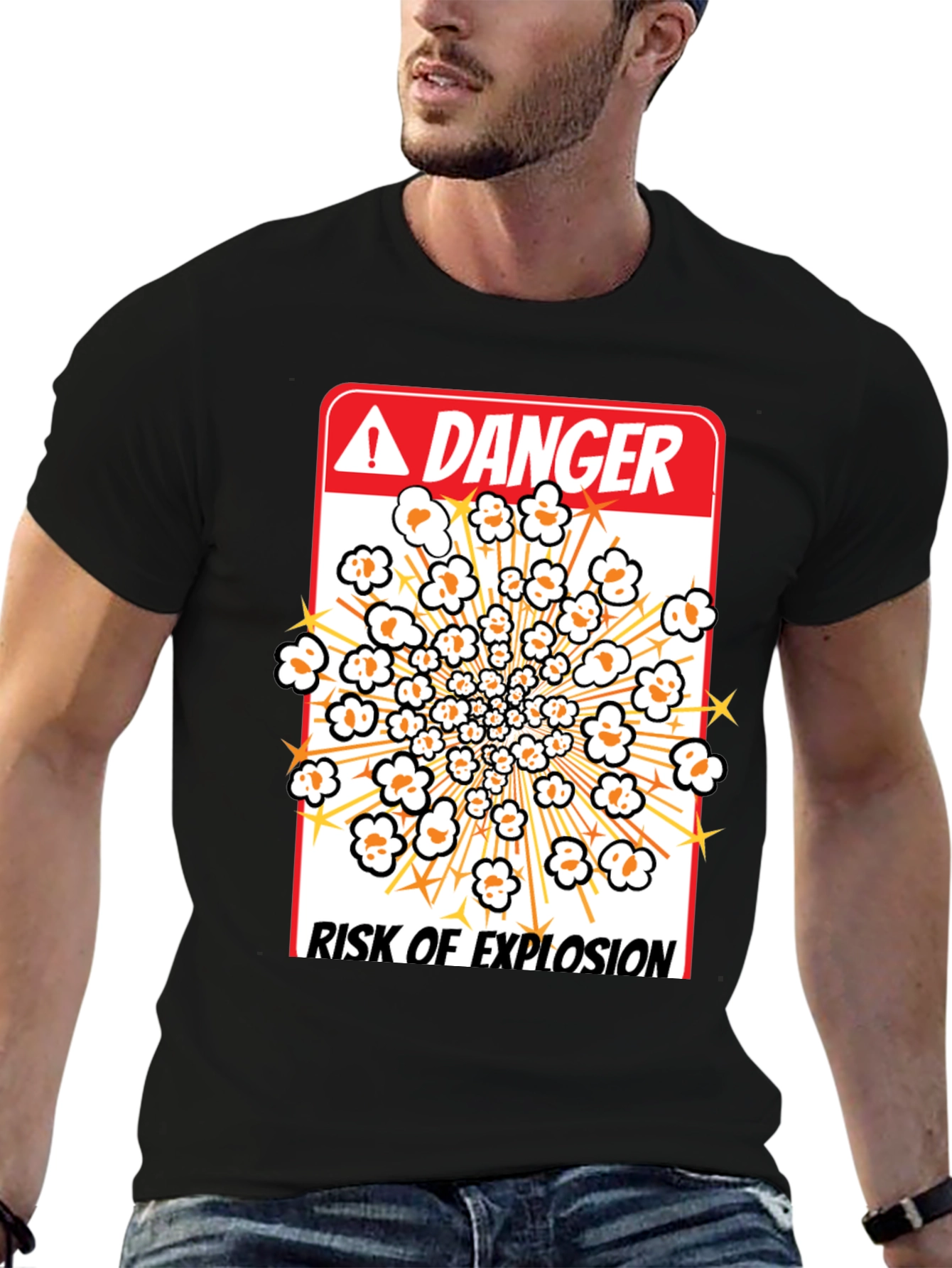 Black Danger Risk Of Explosion Popcorn T-Shirt view 6