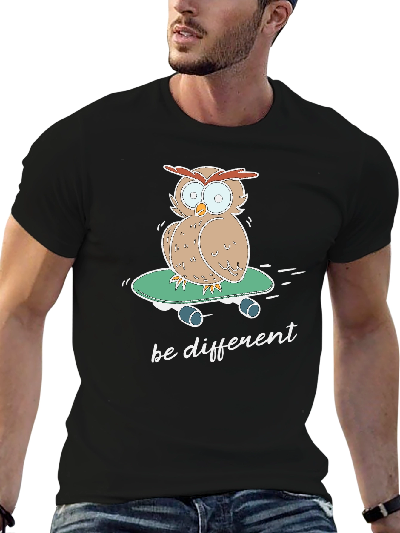 Black Owl Skateboard T-Shirt - "Be Different" Tee view 6