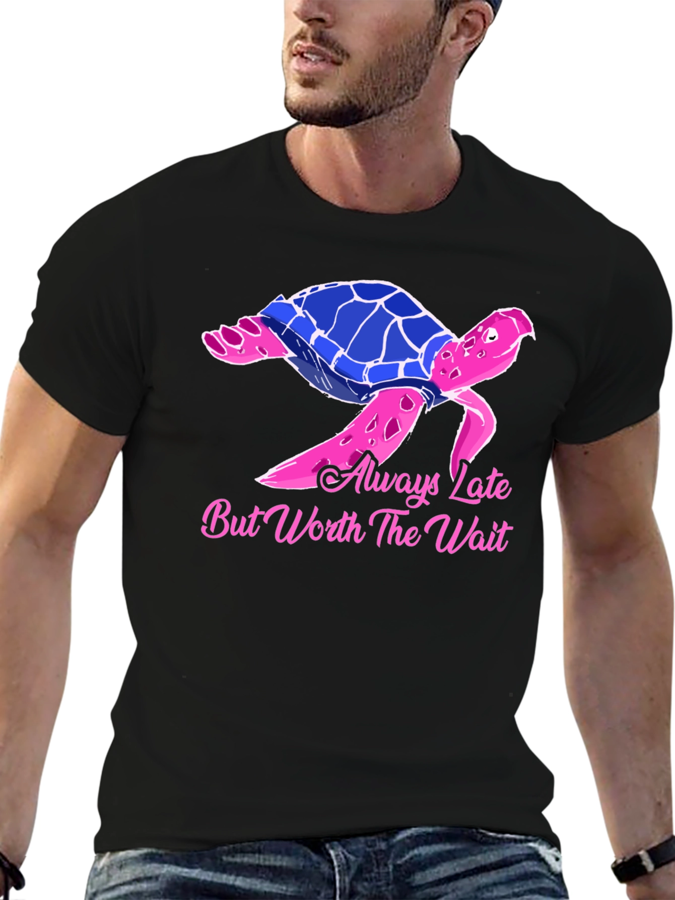 Black Always Late Turtle Graphic Tee - Unisex Black T-Shirt view 6