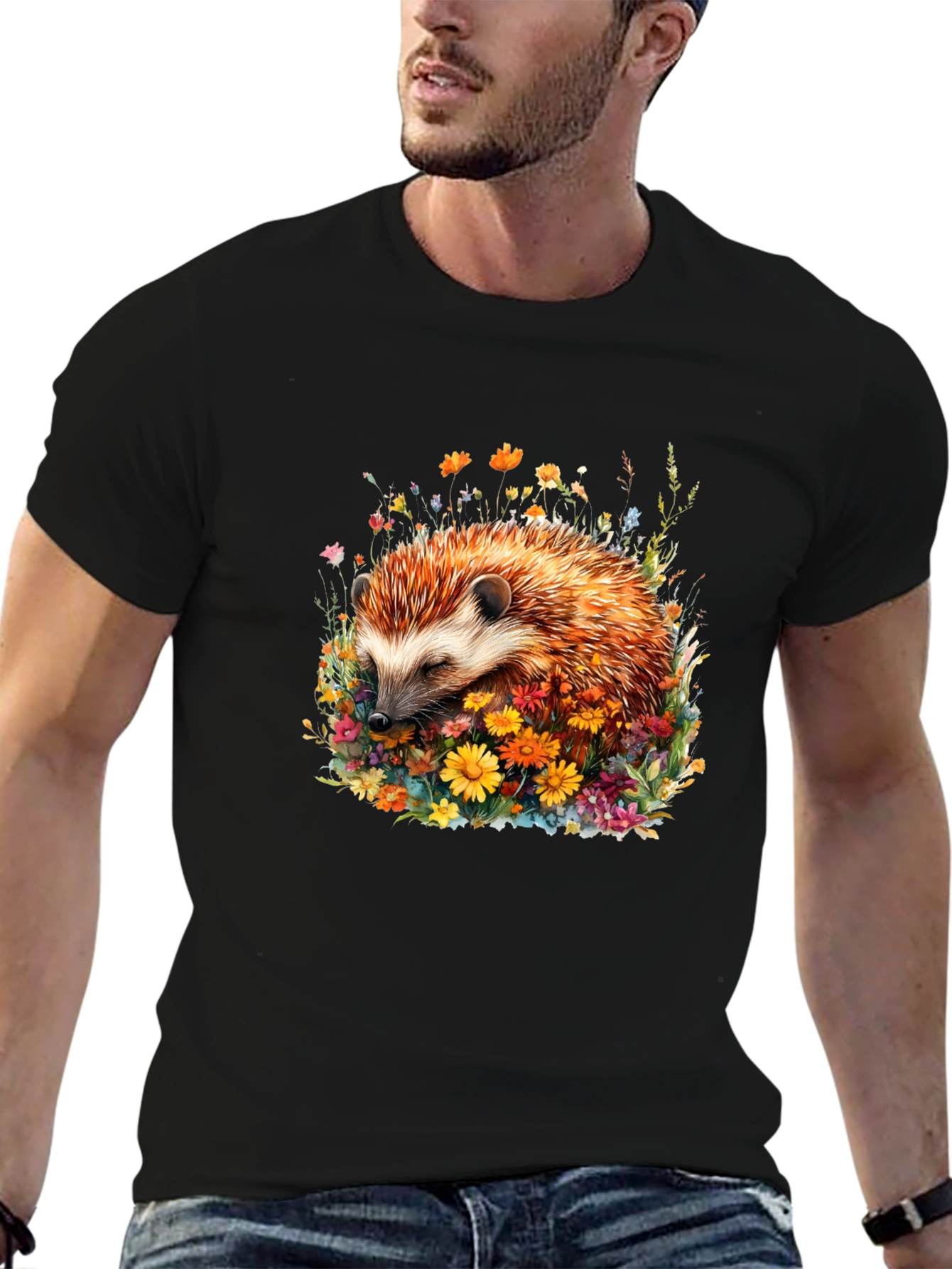 Black Hedgehog in Flowers Graphic Tee view 6