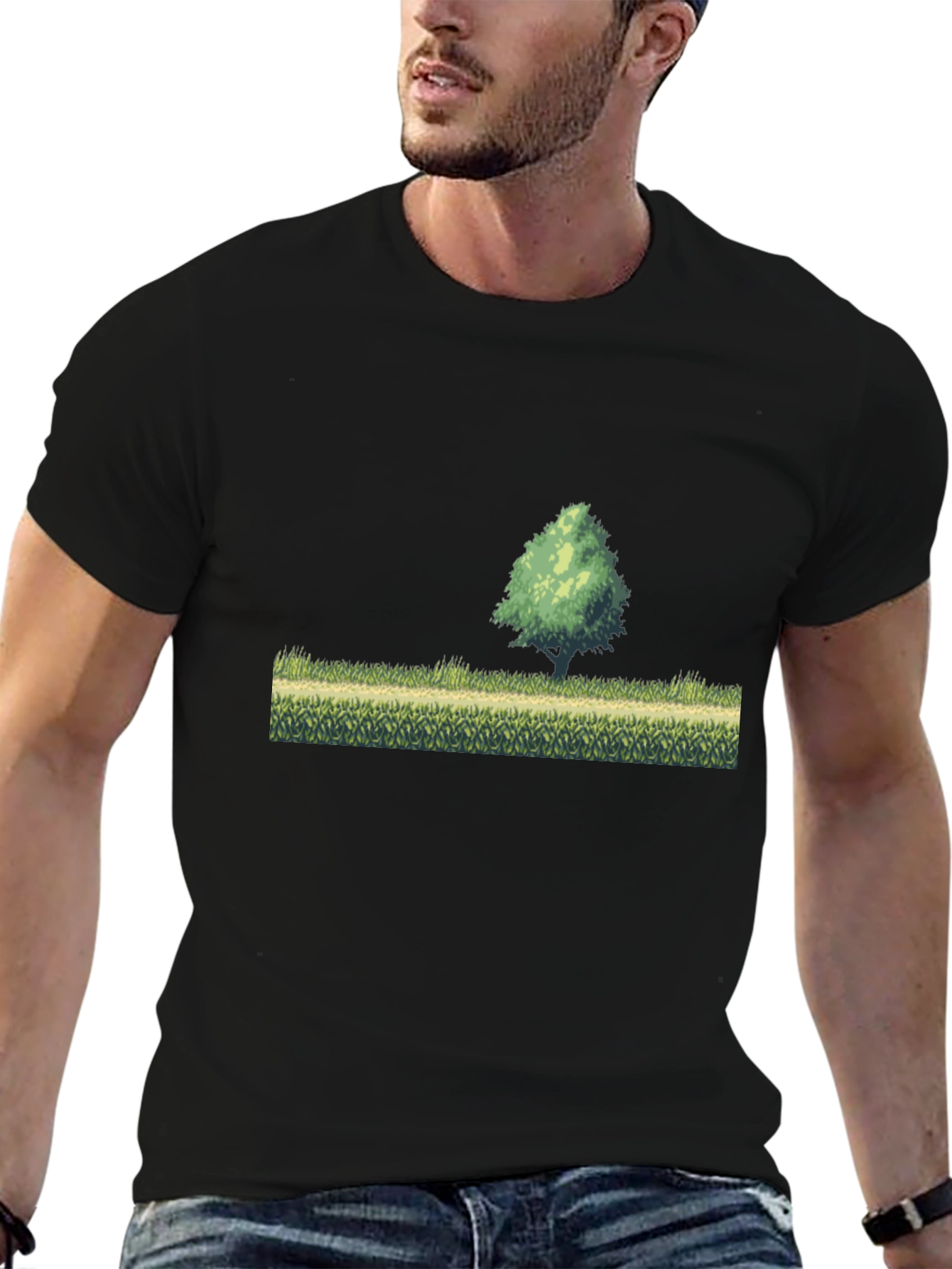 Black Retro Pixel Art T-Shirt - Nature Scene view 6