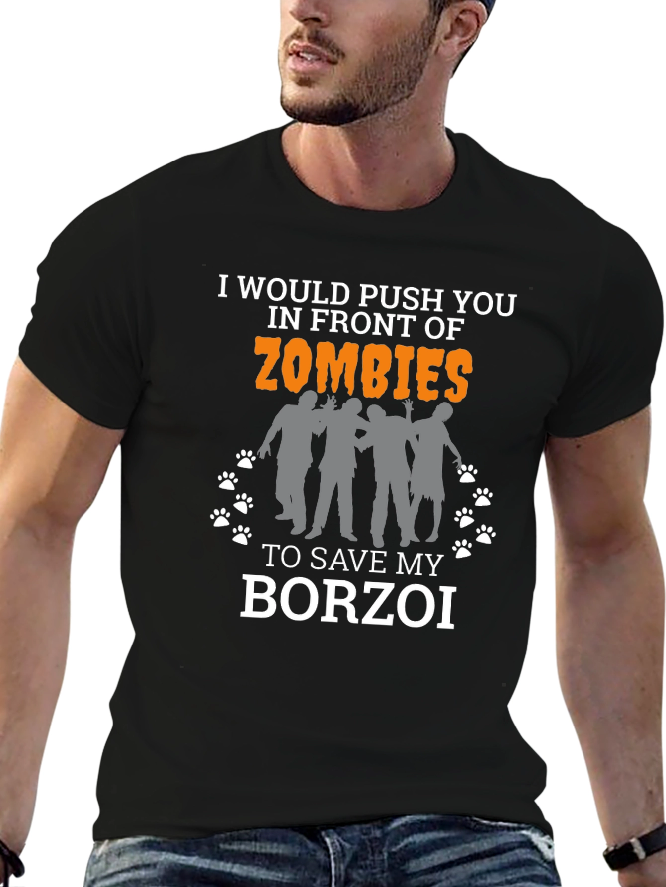Black I'd Push You to Zombies Borzoi T-Shirt view 6