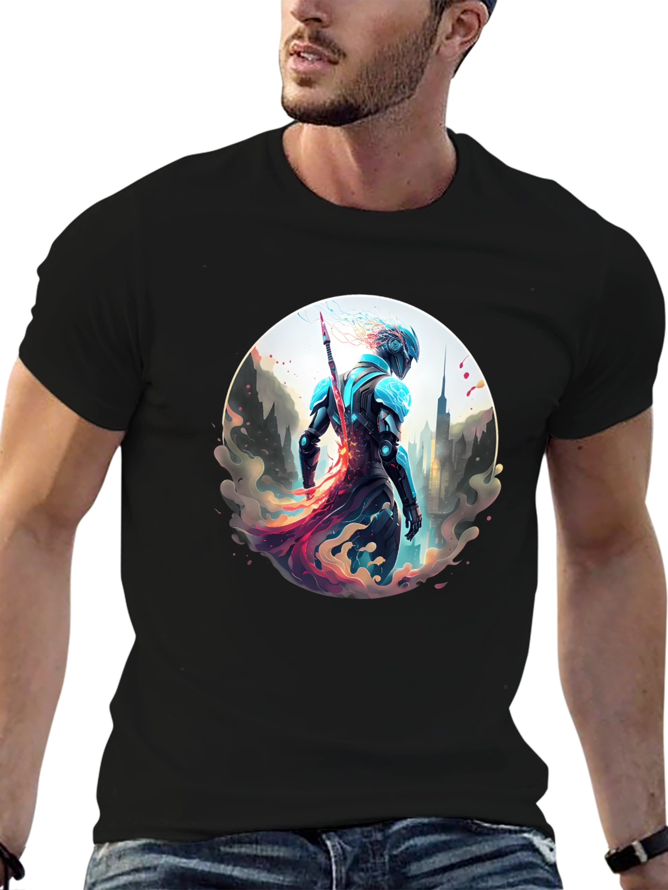Black Sci-Fi Warrior T-Shirt - Urban Protector Design view 6