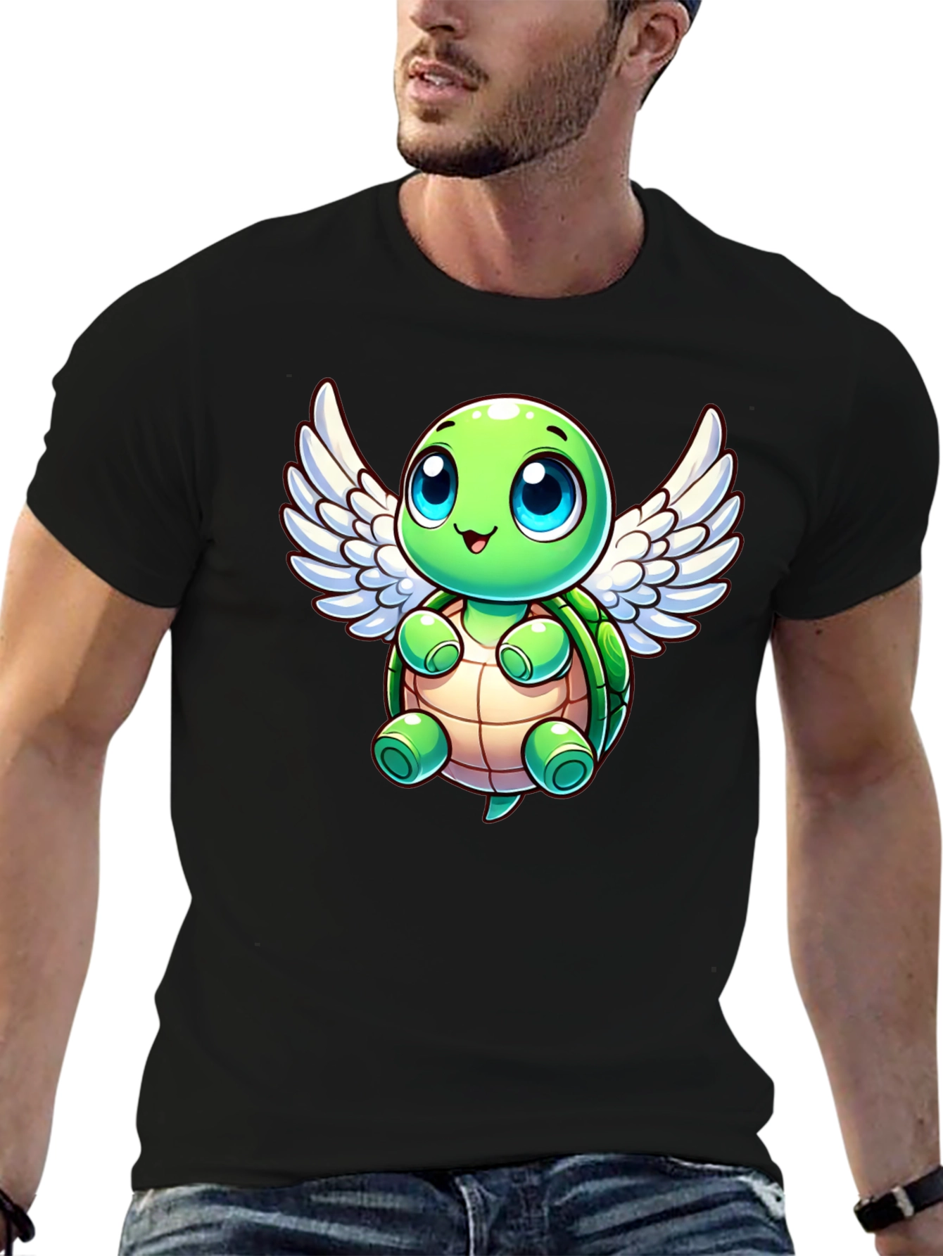 Black Cute Turtle Angel Graphic T-Shirt view 6