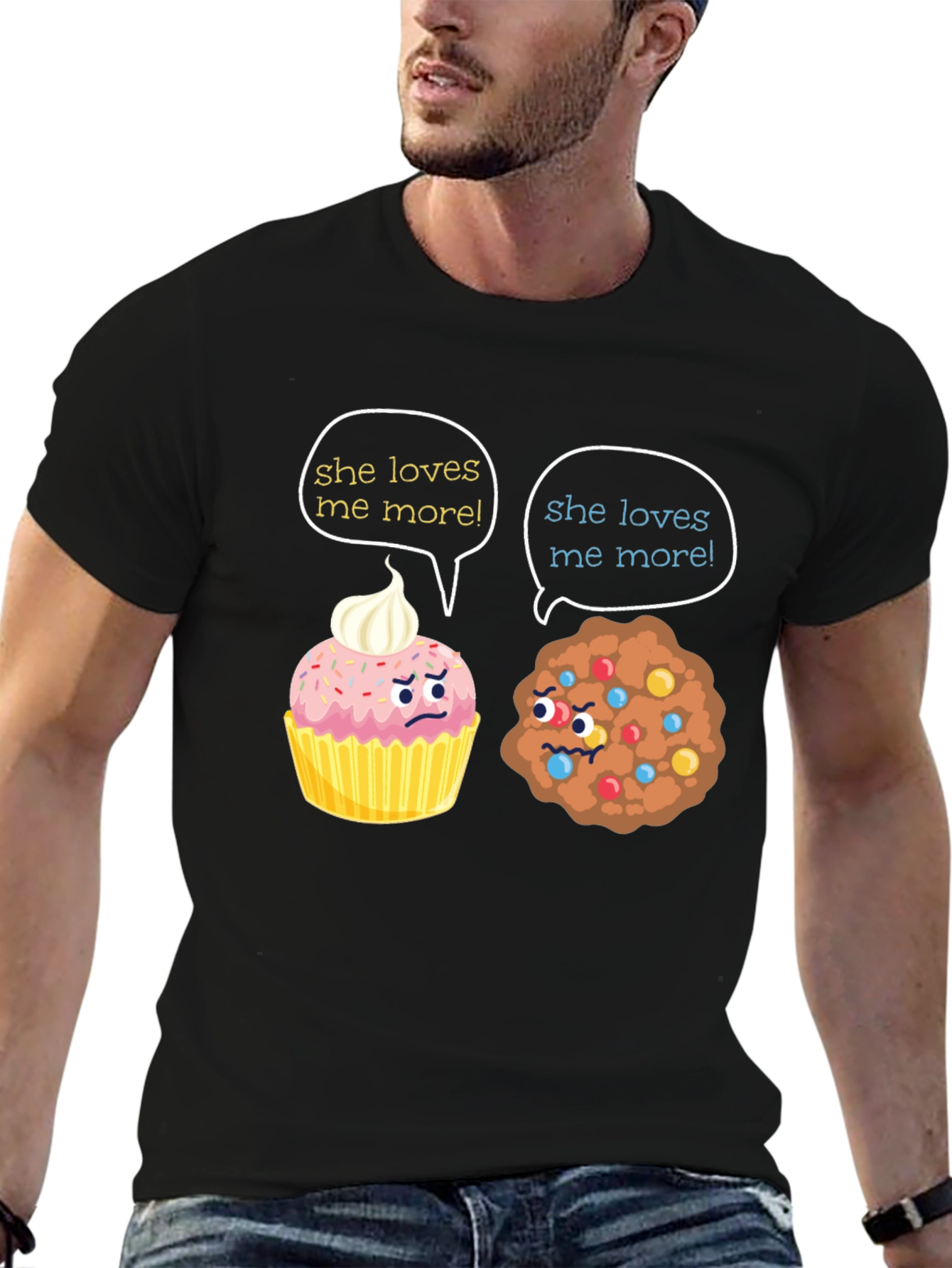 Black Funny She Loves Me More Cupcake vs Cookie T-Shirt view 6