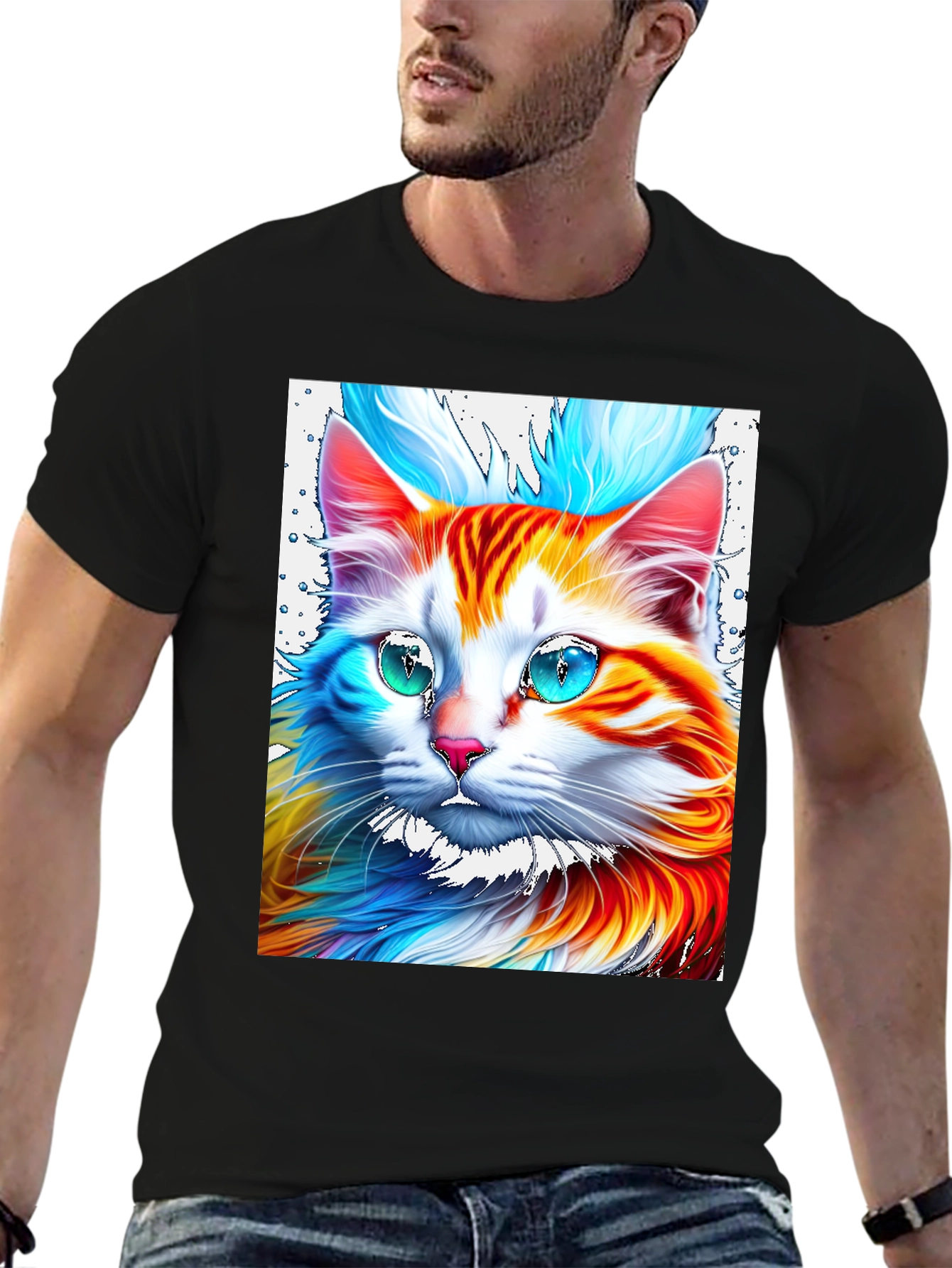 Black Vibrant Cat Graphic Tee - Stylish Men's Black T-Shirt view 6