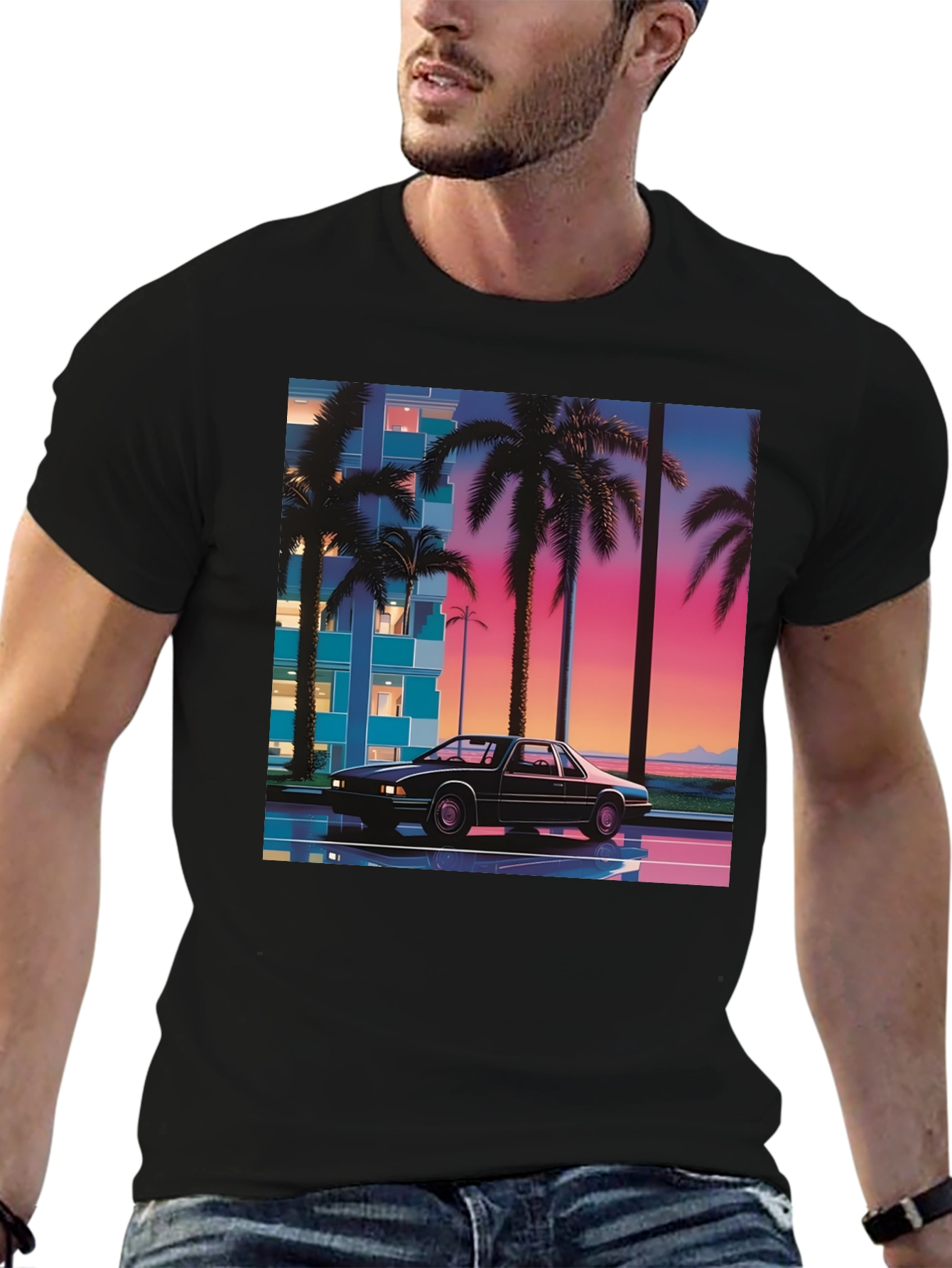 Black Retro Wave Car T-Shirt view 6