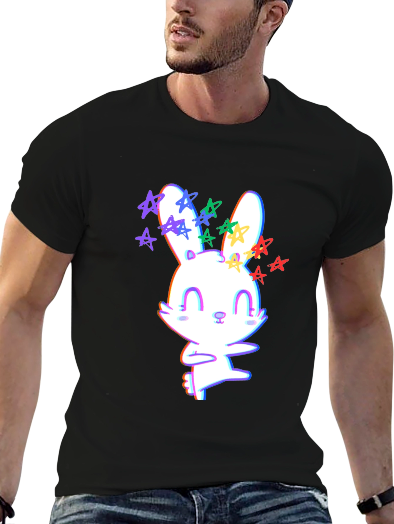 Black Cute Bunny with Stars Graphic T-Shirt view 6