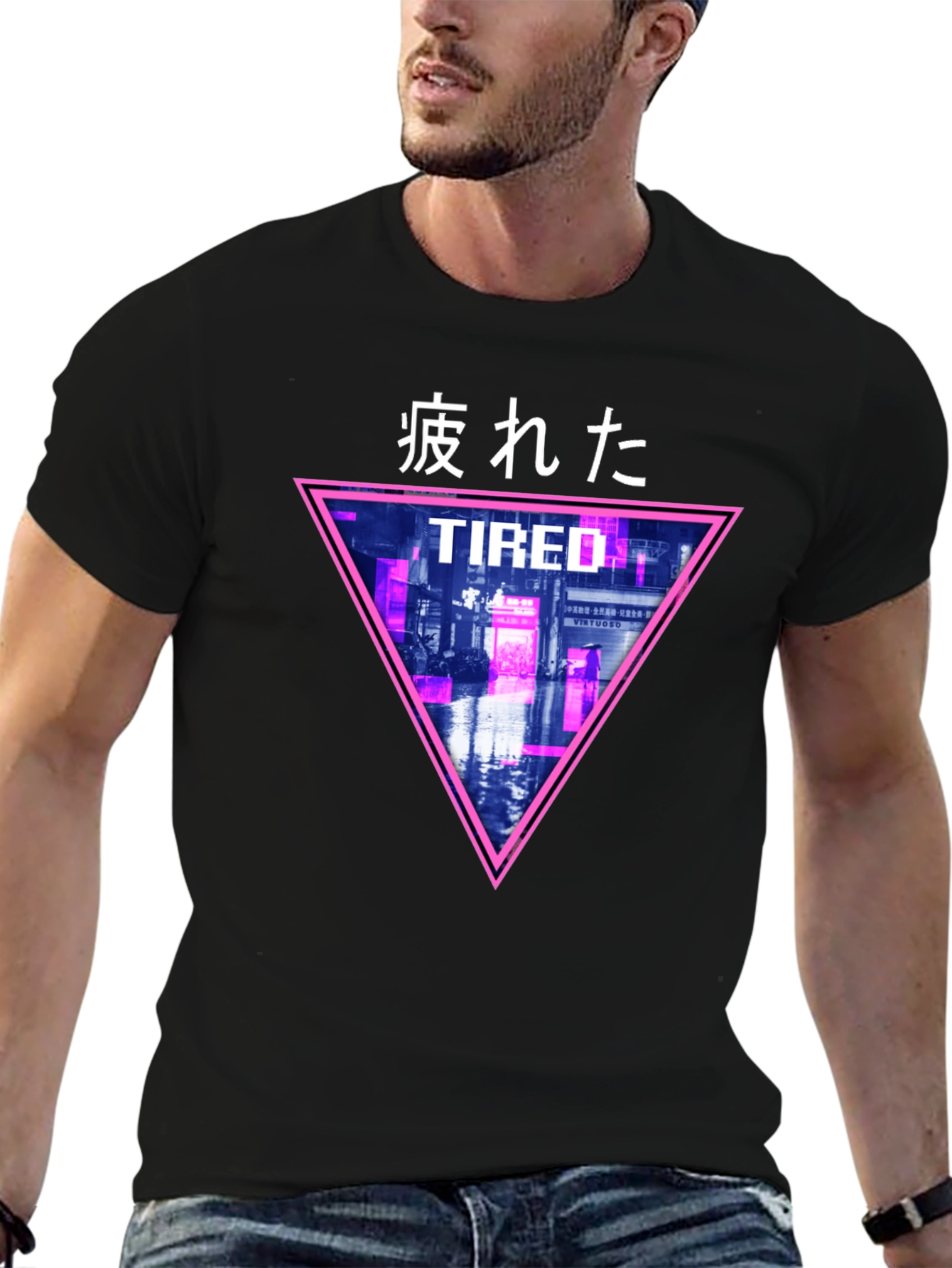 Black Cyberpunk "Tired" Graphic T-Shirt view 6