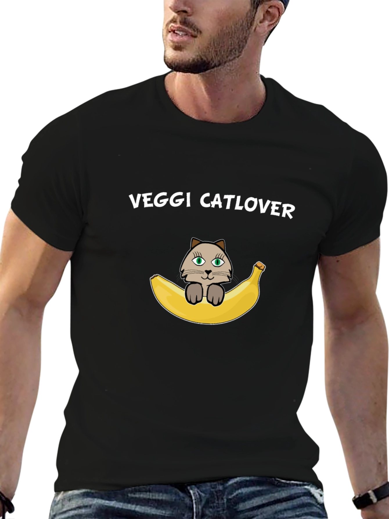 Black Veggi Catlover T-Shirt - Banana Cat view 6