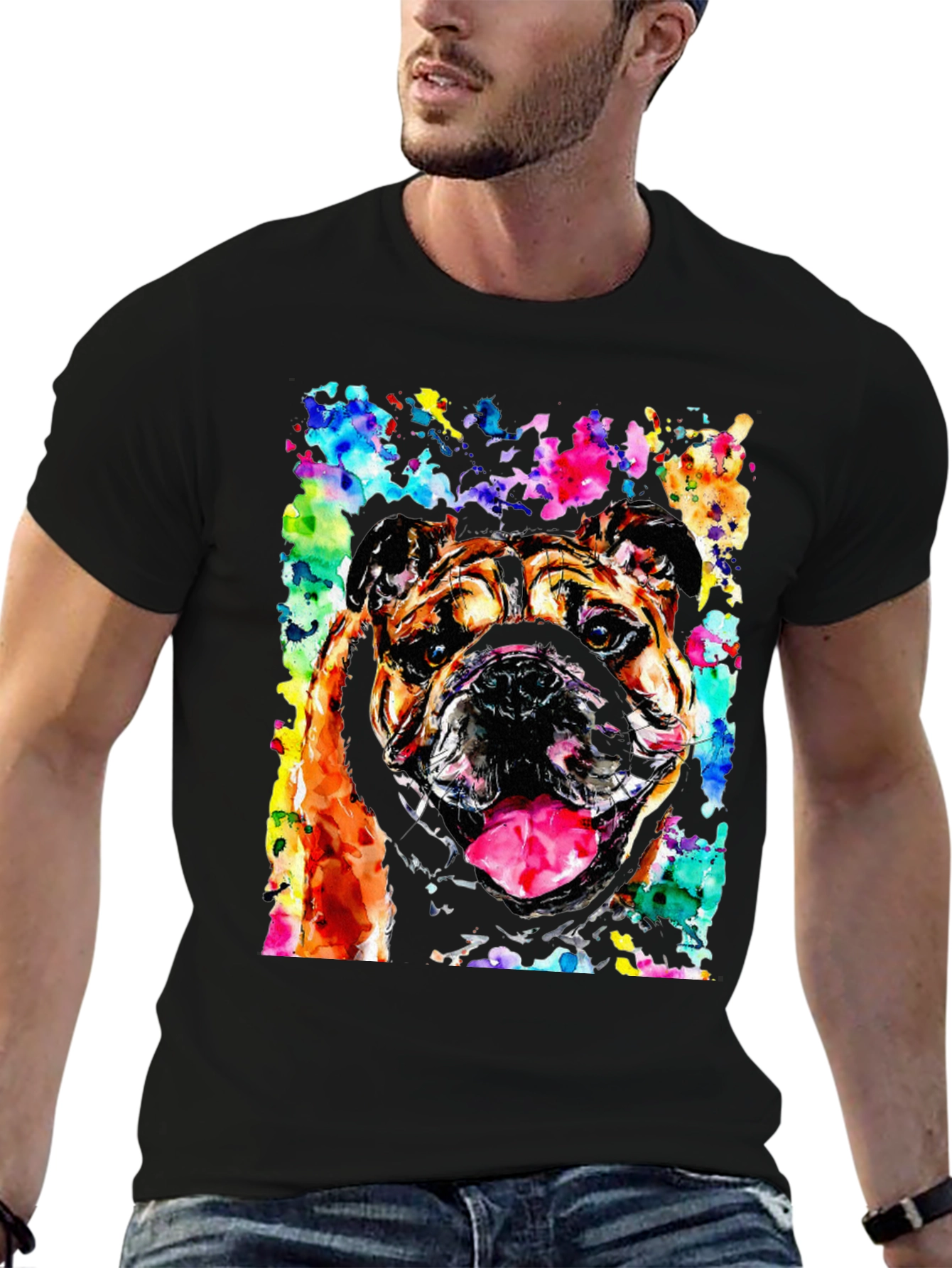 Black Bulldog Watercolor Men's Black T-Shirt view 6