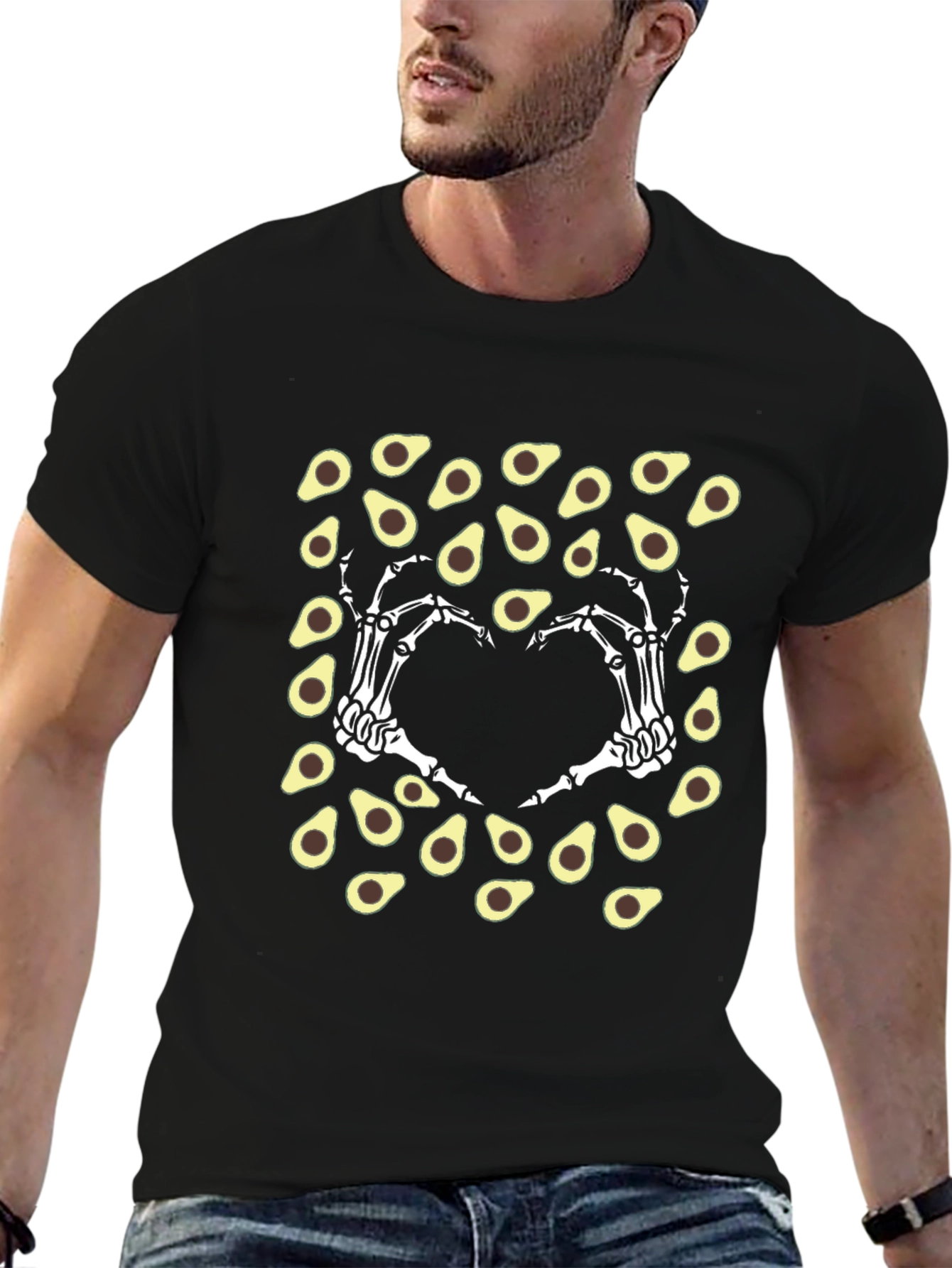 Black Avocado Skeleton Hand Heart T-Shirt view 6