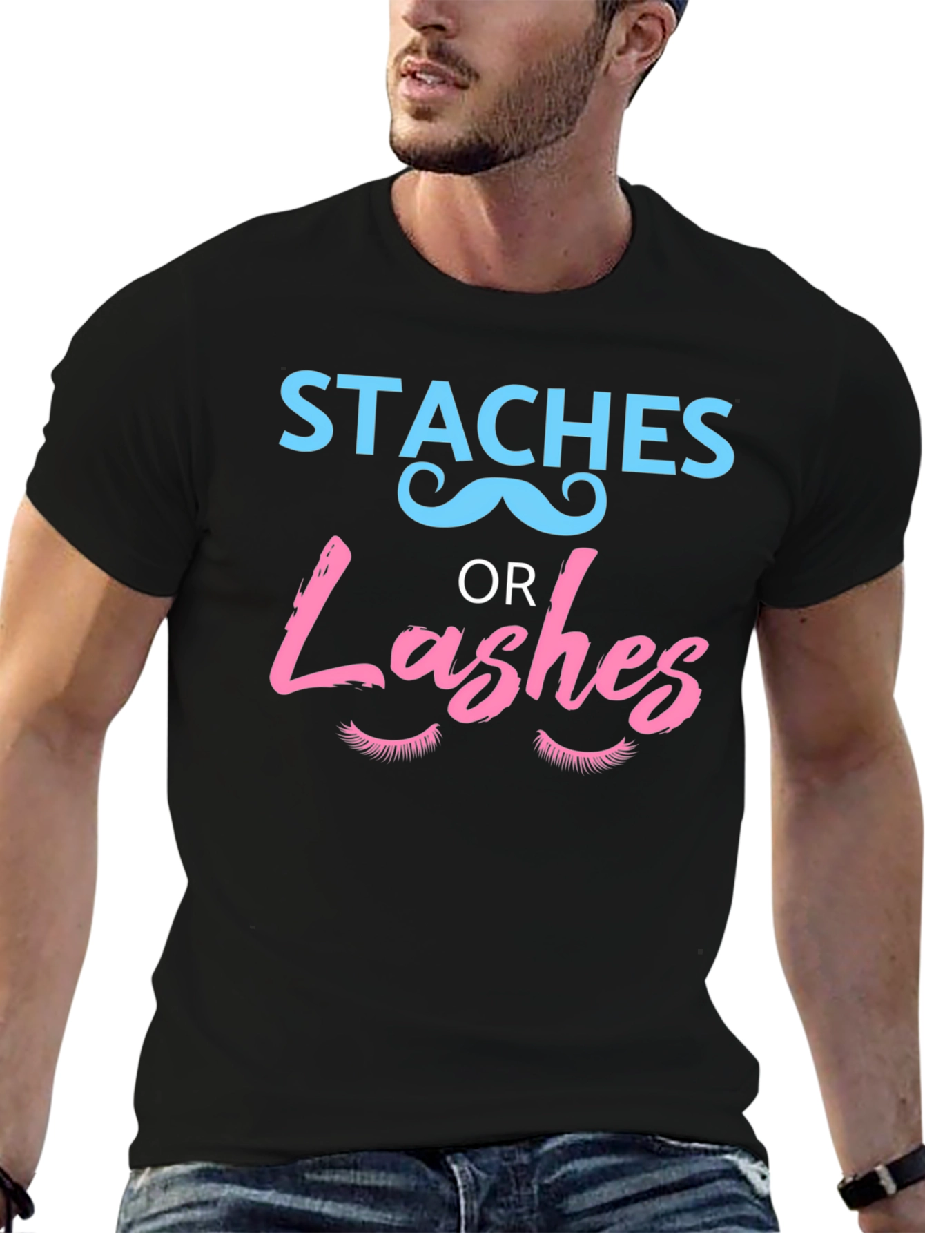 Black Staches or Lashes Gender Reveal T-Shirt view 6