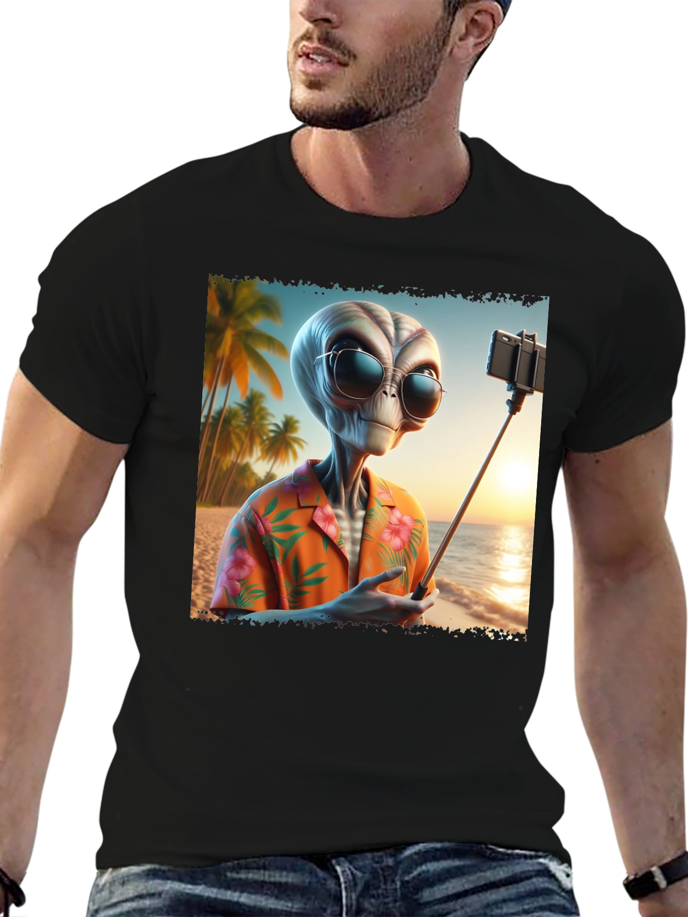 Black Alien Beach Selfie Graphic Tee - Black T-Shirt view 6