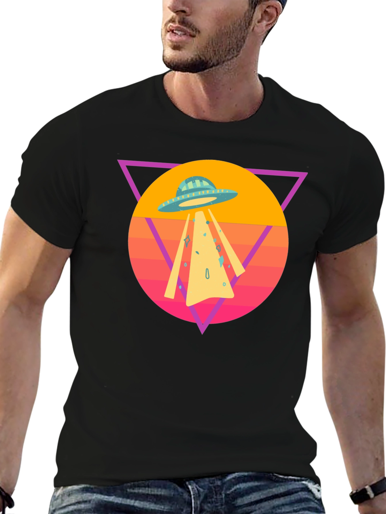 Black Retro UFO T-Shirt - Black Cotton Blend Tee view 6