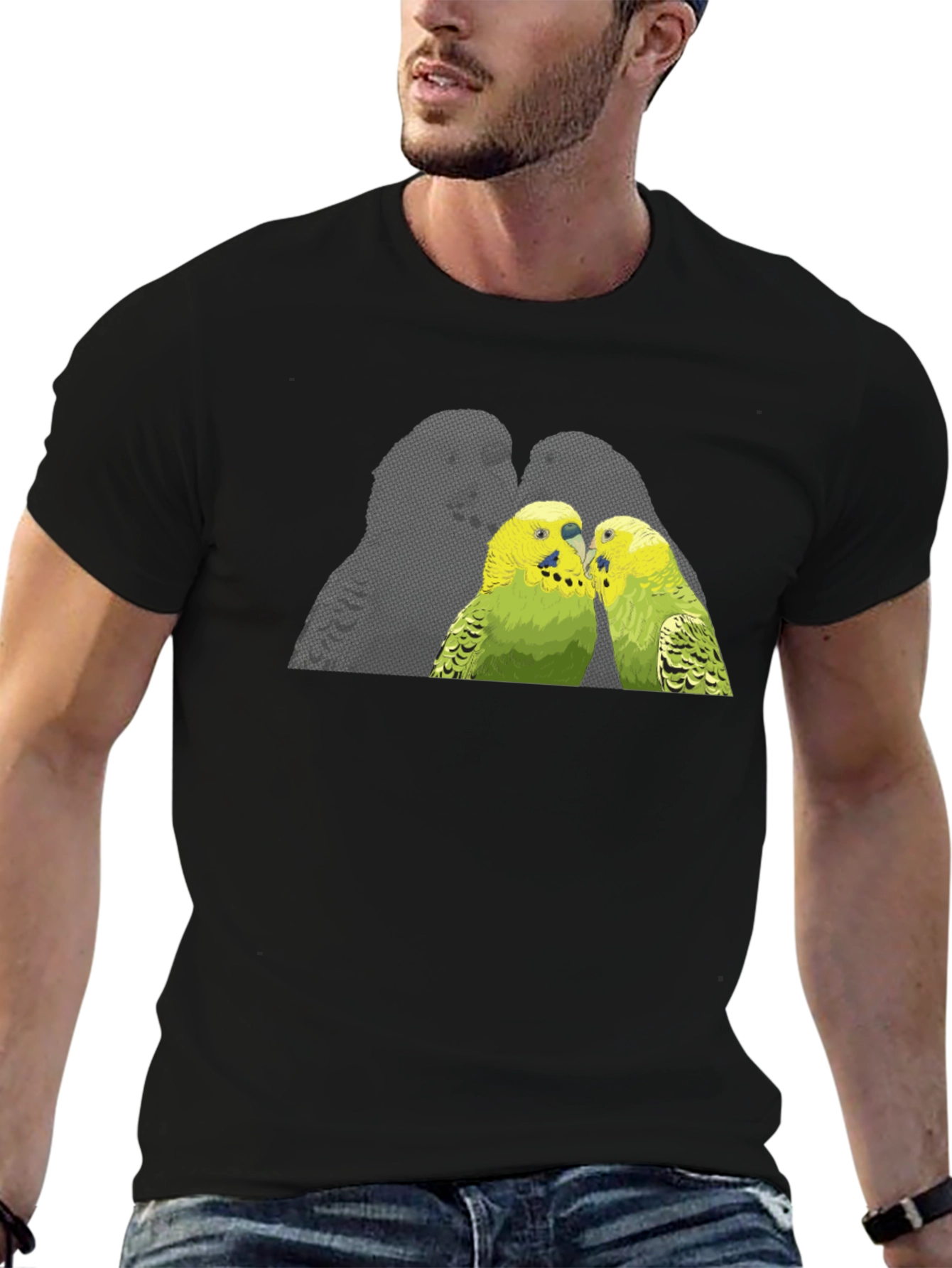 Black Parakeet Kiss Graphic Tee - Black Cotton Shirt view 6