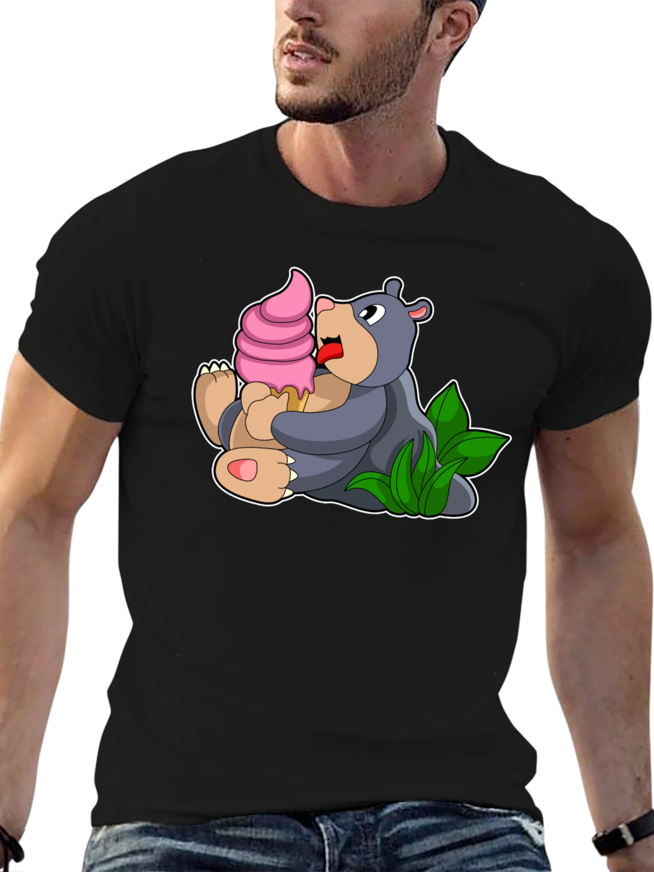Black Cute Bear Eating Ice Cream Black T-Shirt view 6