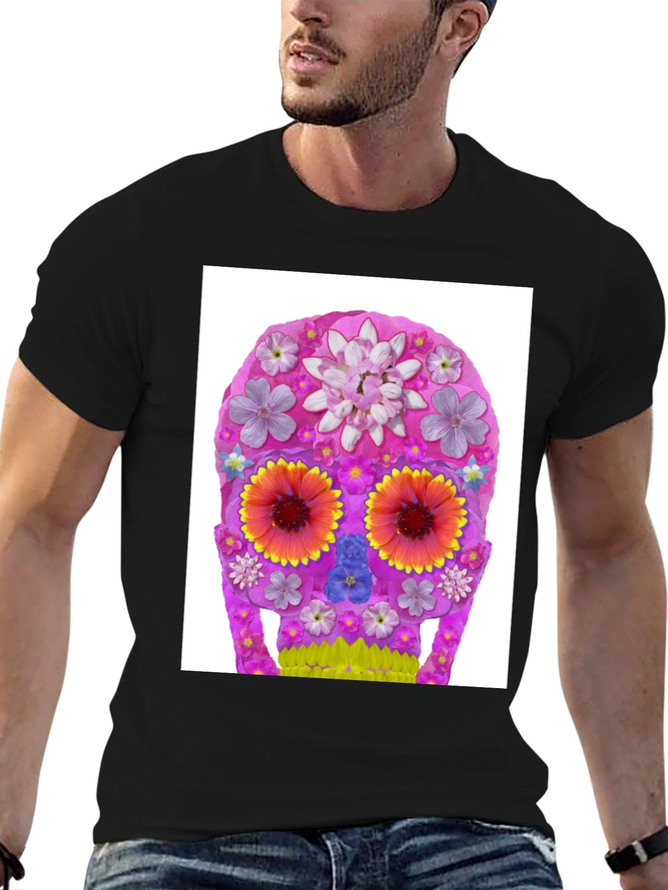 Black Floral Sugar Skull Graphic T-Shirt view 6