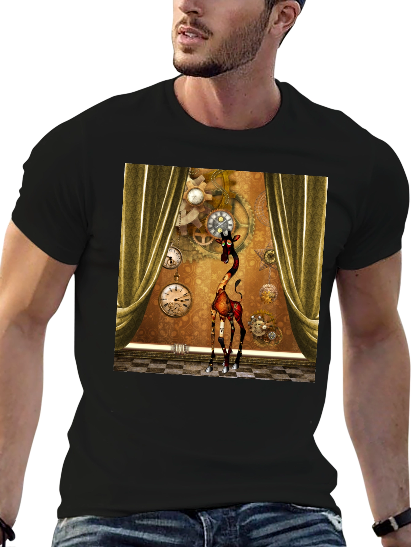 Black Steampunk Giraffe T-Shirt: Time Traveler's Style view 6