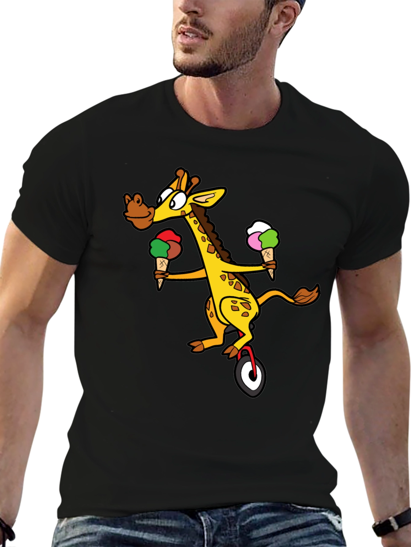 Black Giraffe Unicycle Ice Cream T-Shirt - Quirky Graphic Tee view 6
