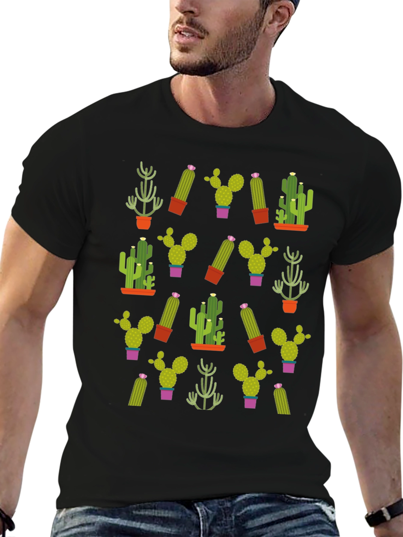 Black Cactus Pattern T-Shirt - Unique Plant Design view 6