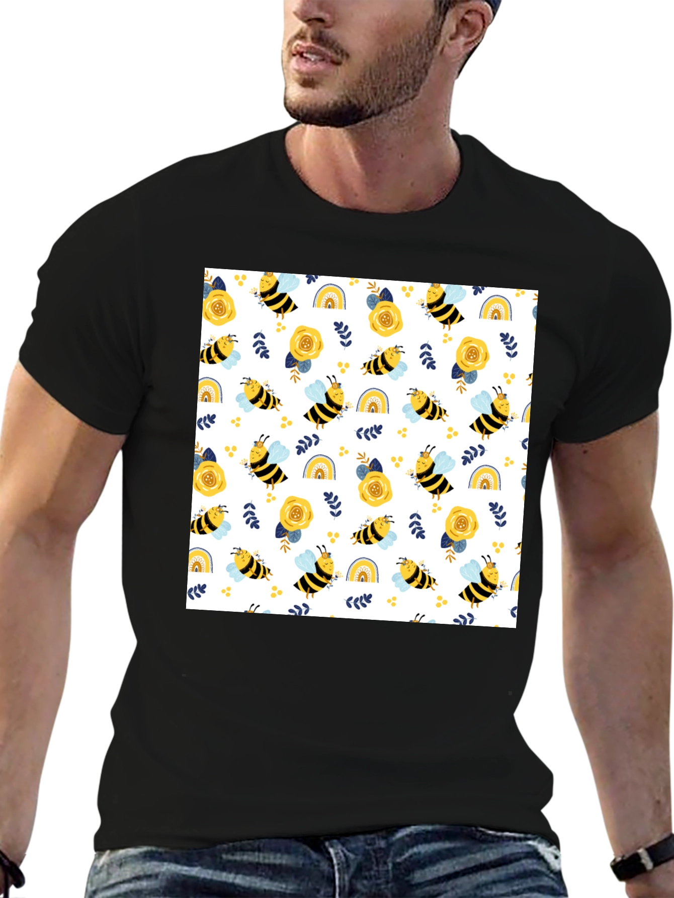 Black Honey Bee Pattern T-Shirt view 6