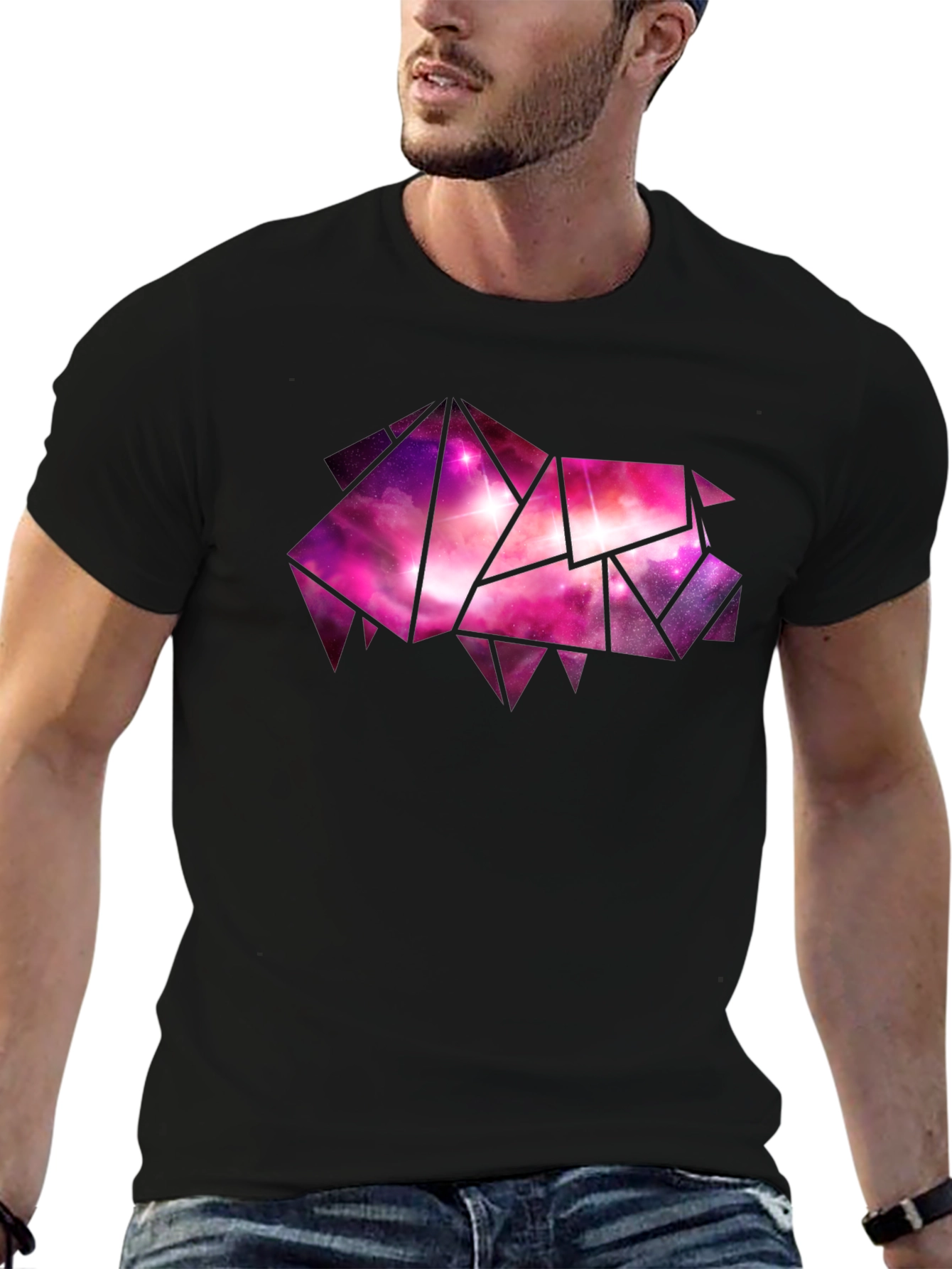 Black Geometric Galaxy Pig Tee - Stylish Black Cotton T-Shirt view 6