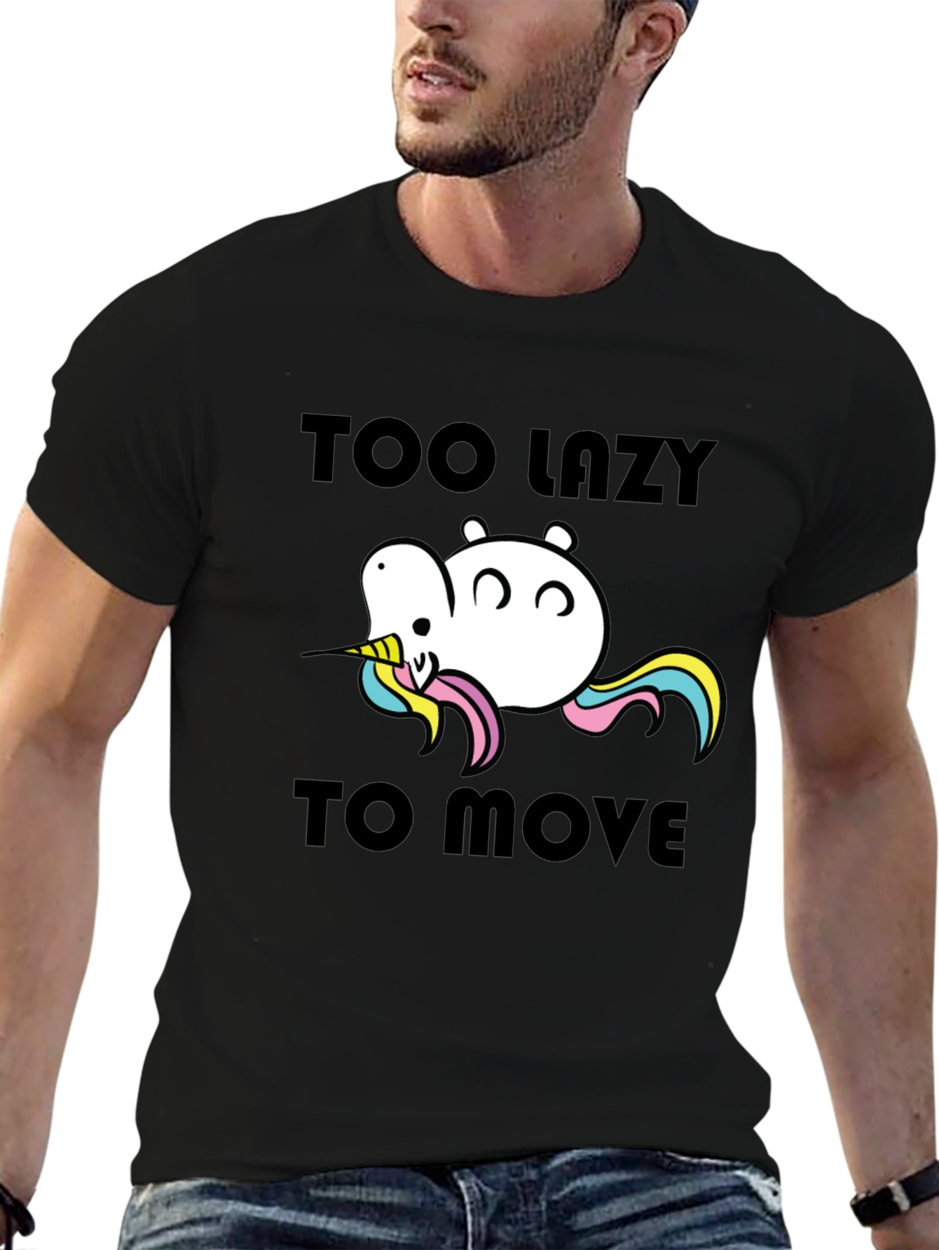 Black Too Lazy to Move Funny Unicorn T-Shirt view 6