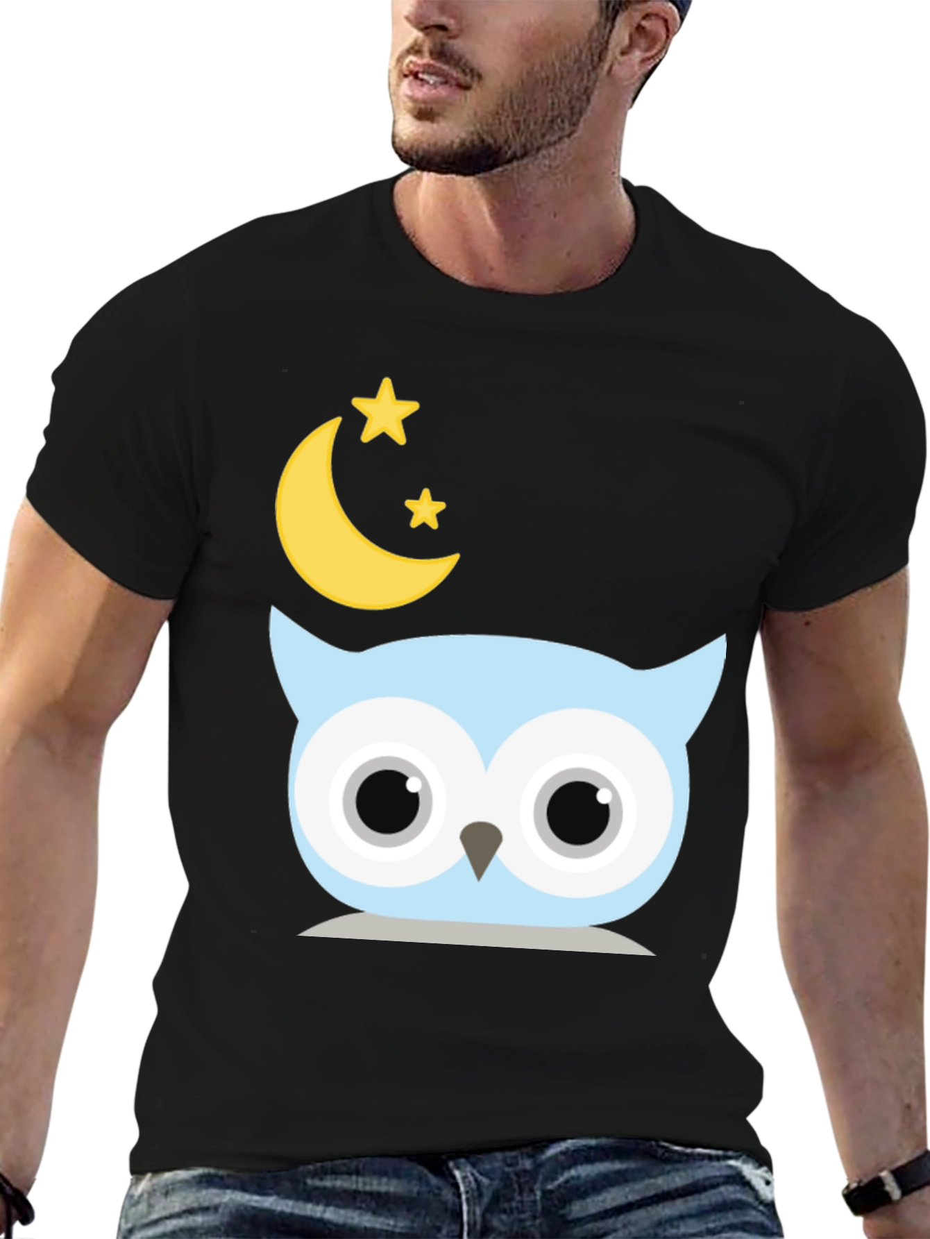 Black Cute Owl Moon Stars Graphic Black T-Shirt view 6