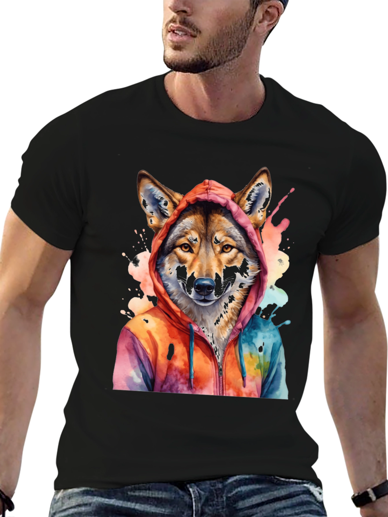 Black Watercolor Wolf Hoodie Graphic Tee view 6