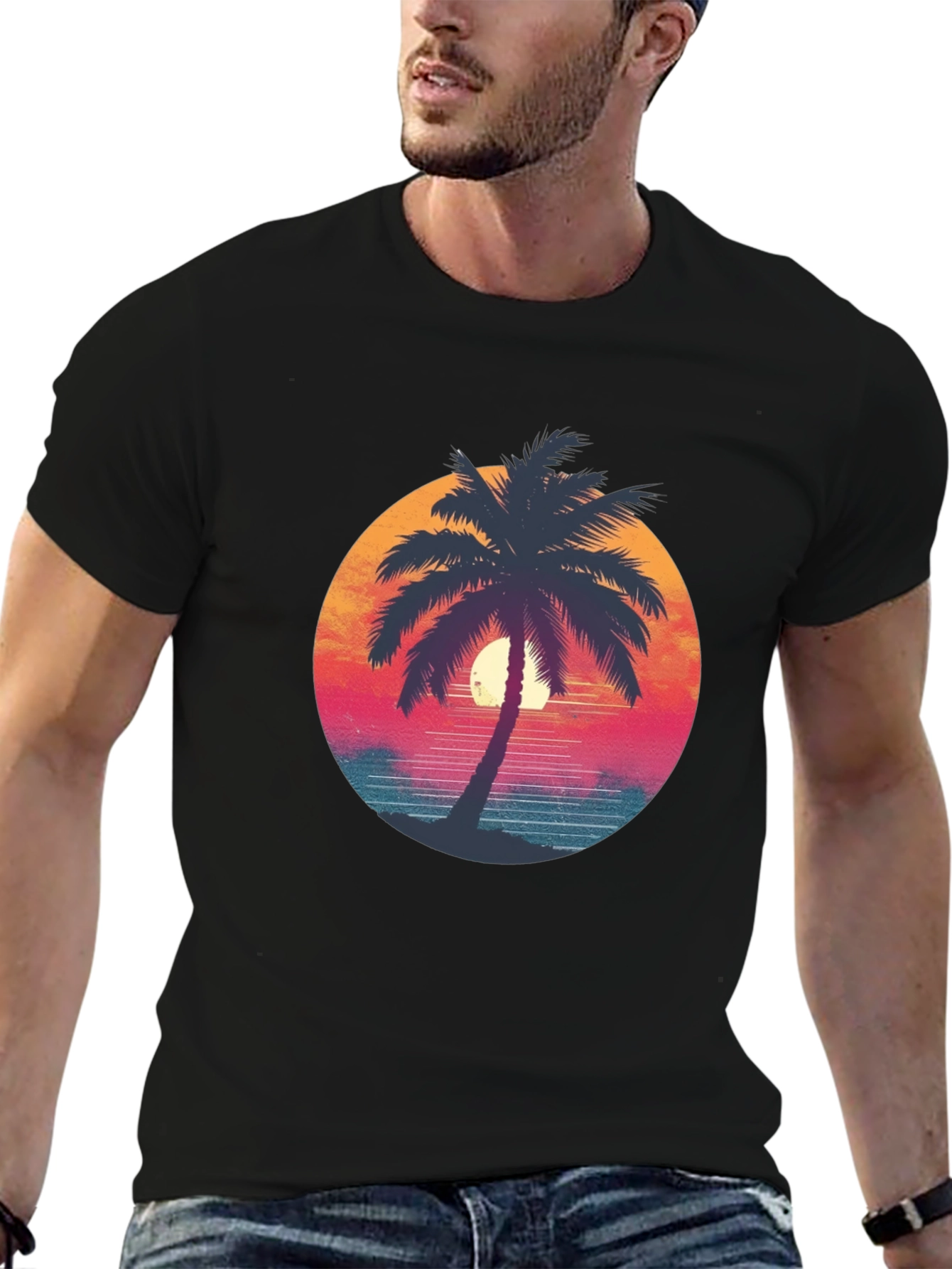 Black Retro Palm Tree Graphic Tee - Black Cotton T-Shirt view 6